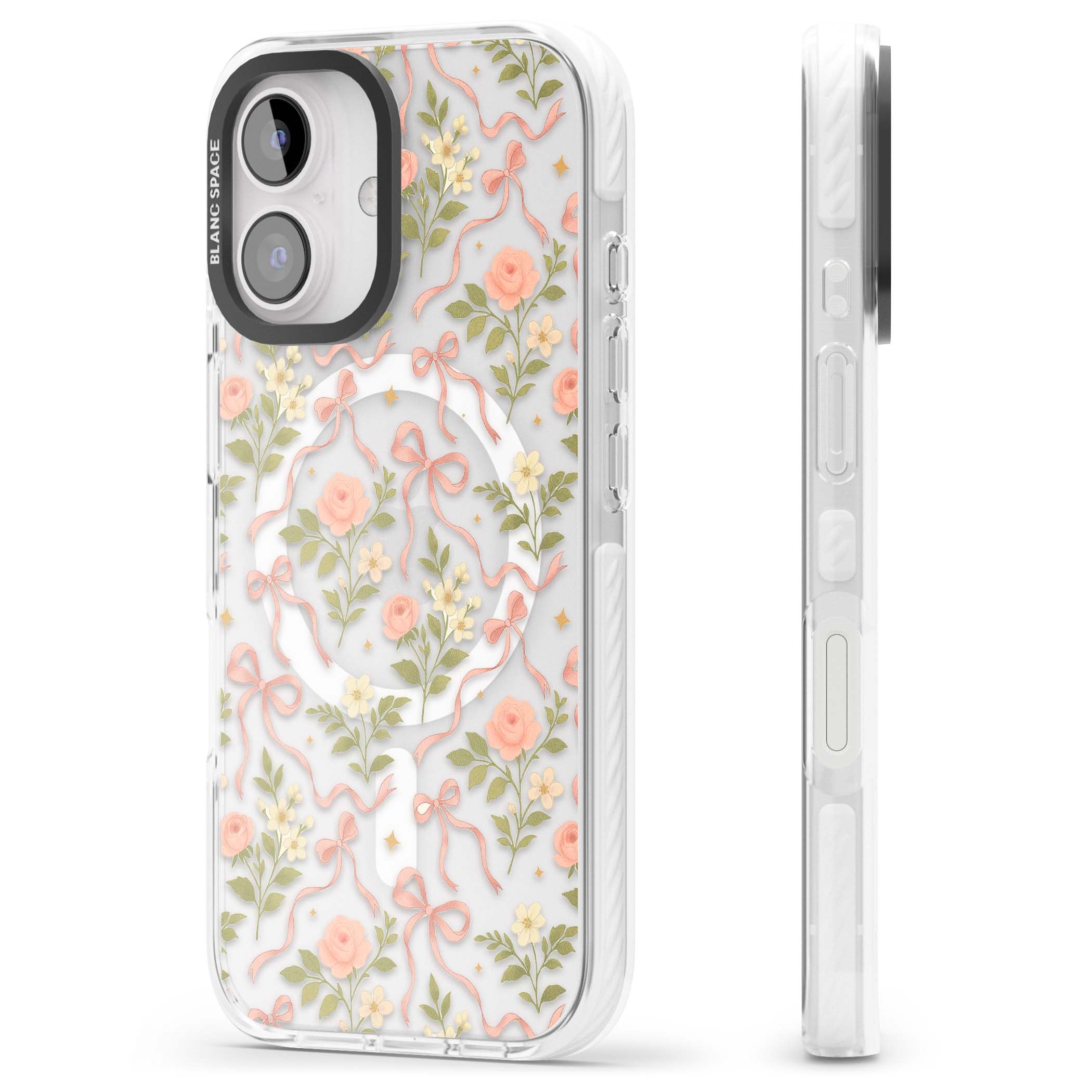 Ribbon Garden coquette iPhone case featuring pink bows, peach roses and wildflowers on white background | Impact Magsafe case for iPhone 16, iPhone 16 Plus