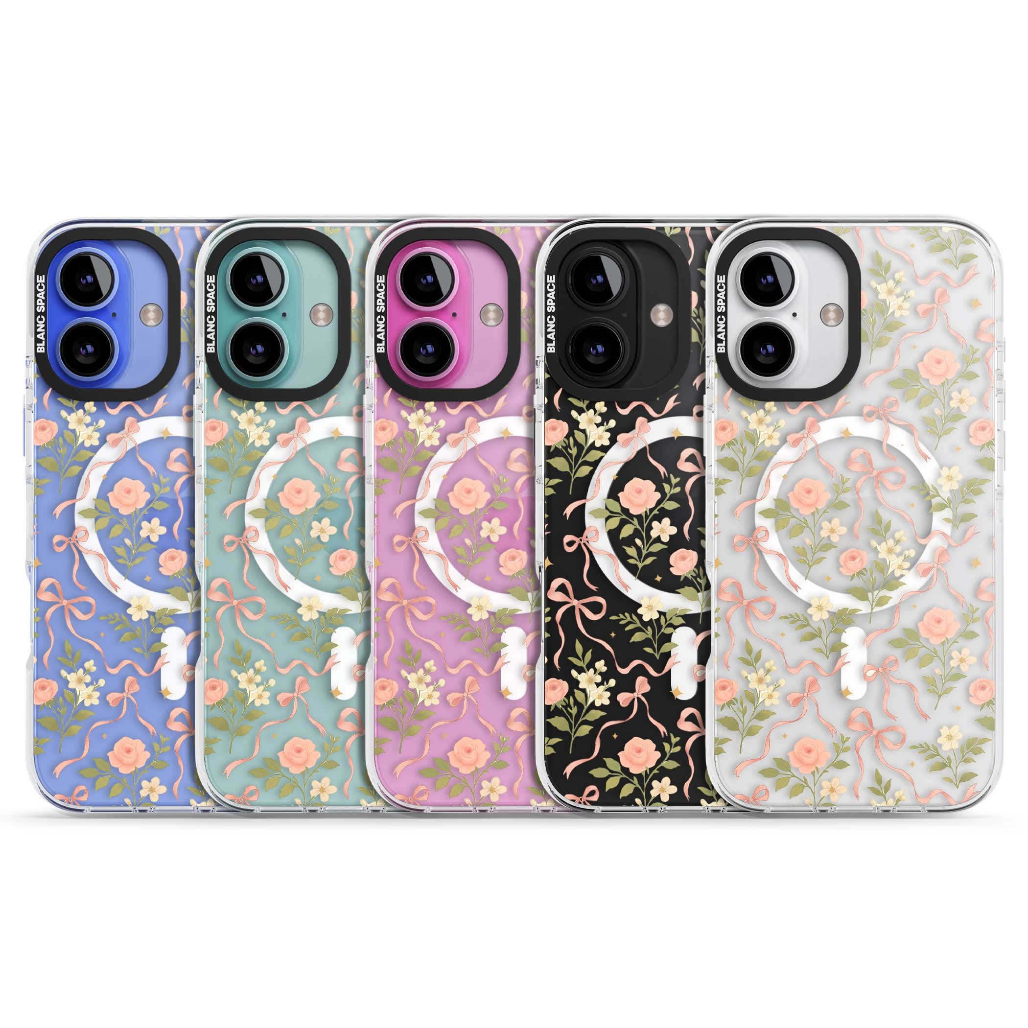 Ribbon Garden coquette iPhone case featuring pink bows, peach roses and wildflowers on white background | Impact Magsafe case for iPhone 16, iPhone 16 Plus