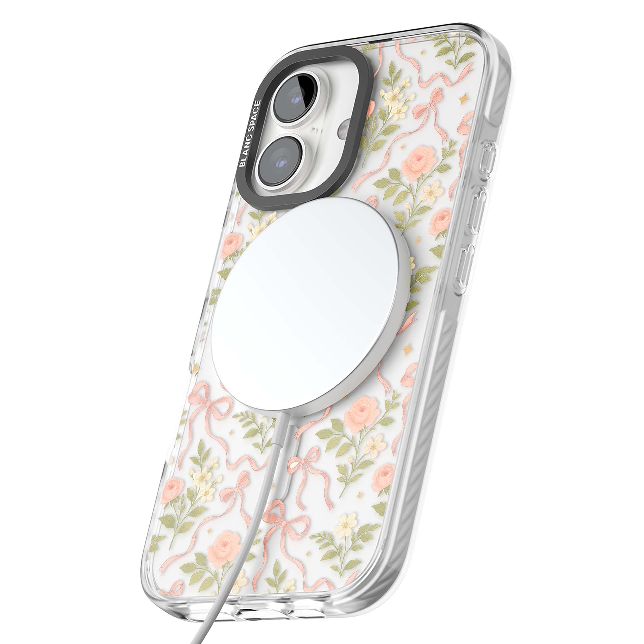 Ribbon Garden coquette iPhone case featuring pink bows, peach roses and wildflowers on white background | Impact Magsafe case for iPhone 16, iPhone 16 Plus