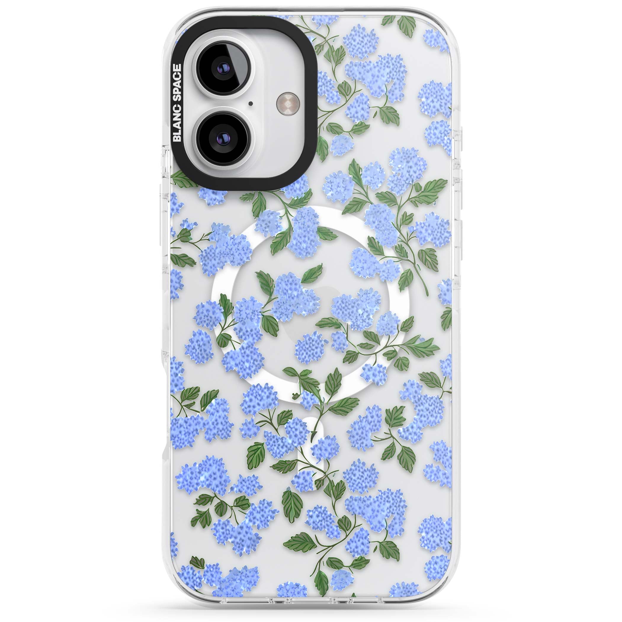 Hydrangea Dreams cottagecore iPhone case featuring soft blue hydrangea flower clusters and green leaves | Impact Magsafe case for iPhone 16, iPhone 16 Plus