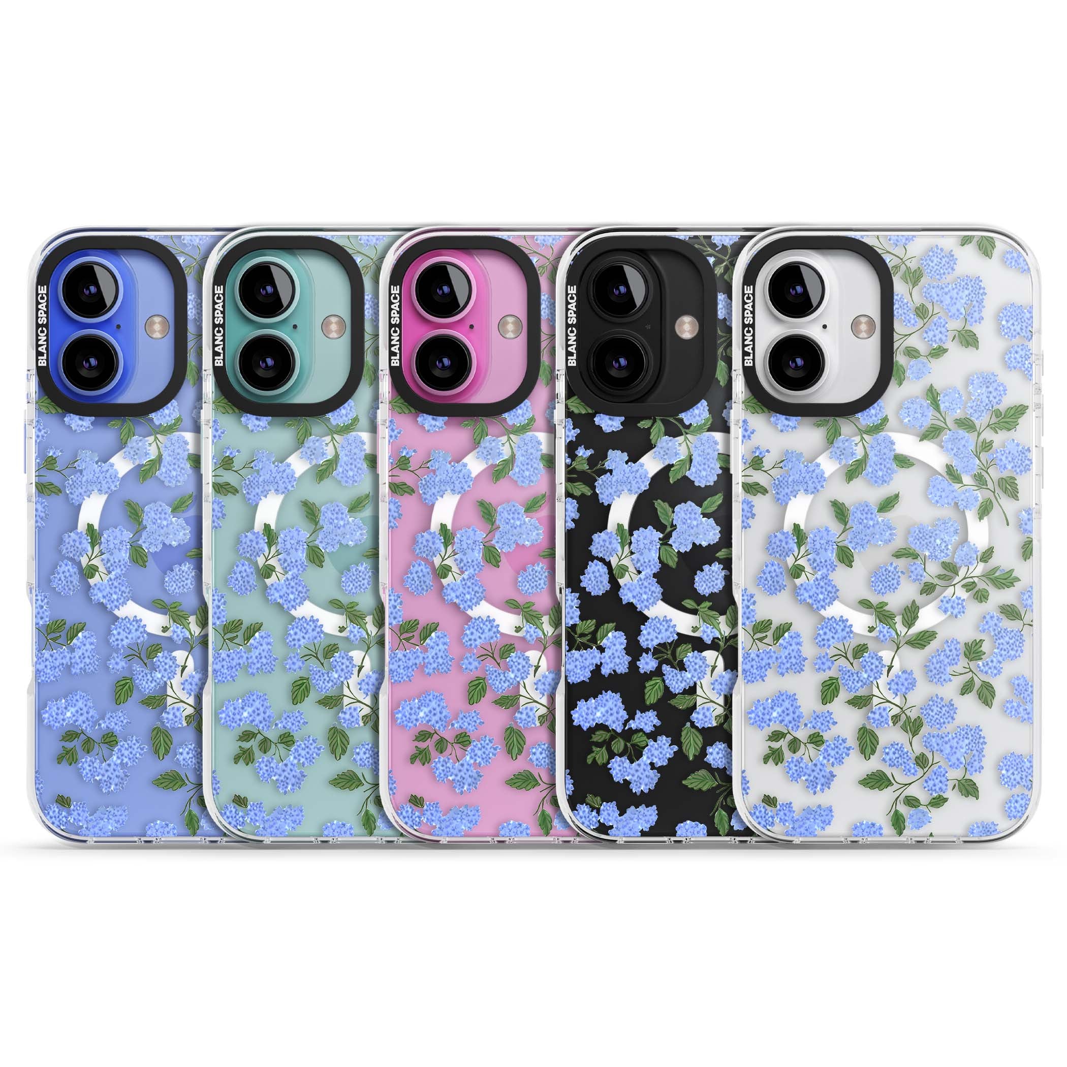 Hydrangea Dreams cottagecore iPhone case featuring soft blue hydrangea flower clusters and green leaves | Impact Magsafe case for iPhone 16, iPhone 16 Plus