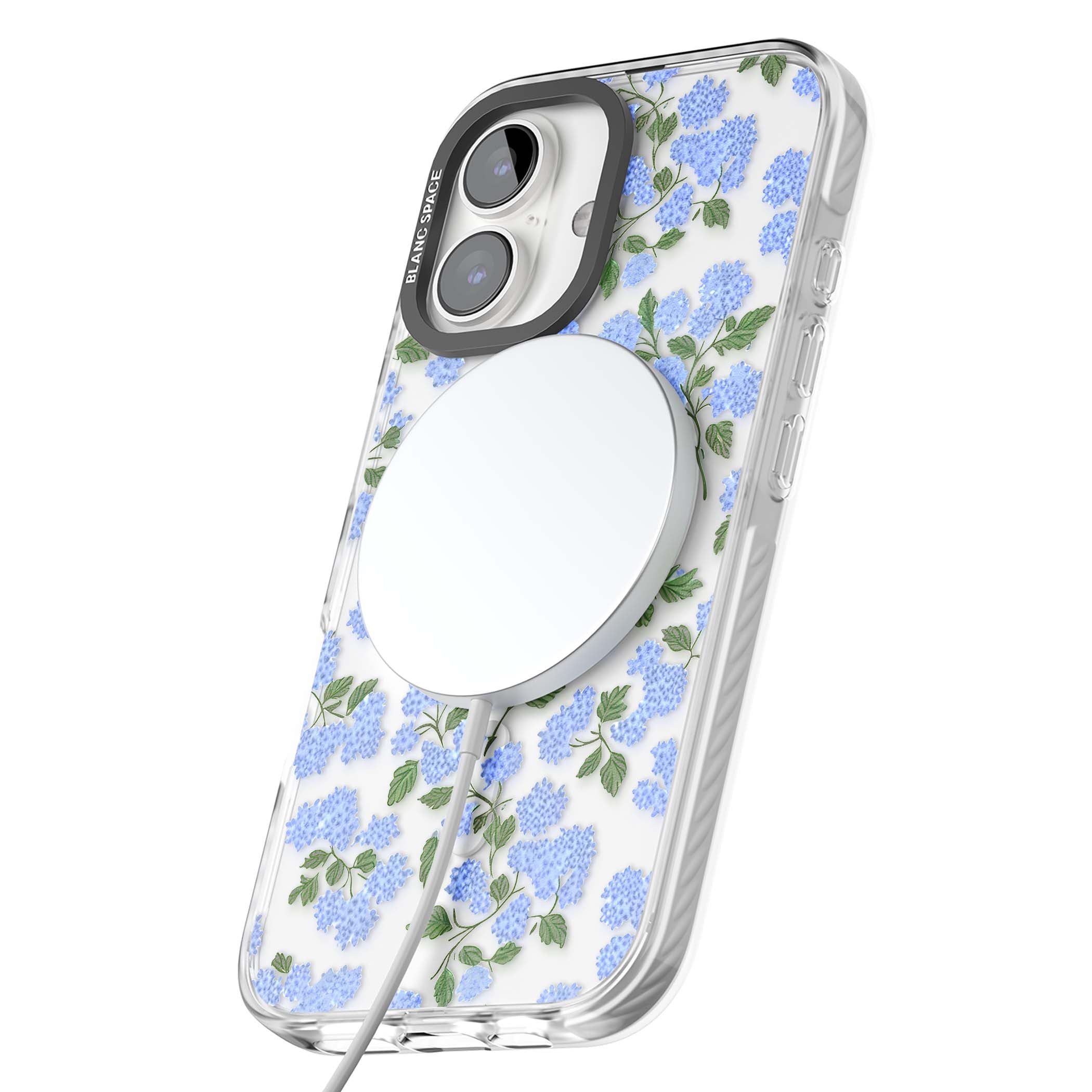 Hydrangea Dreams cottagecore iPhone case featuring soft blue hydrangea flower clusters and green leaves | Impact Magsafe case for iPhone 16, iPhone 16 Plus