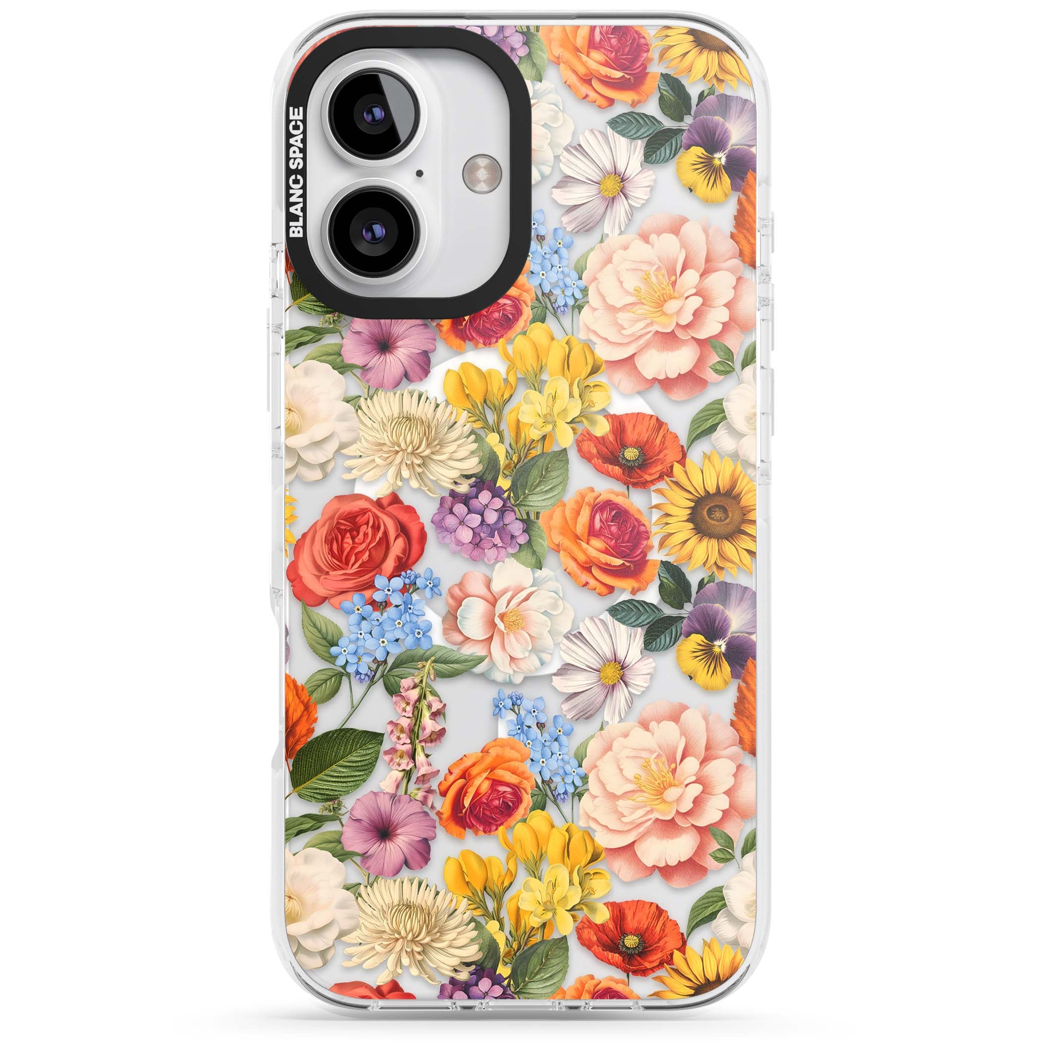 Bloom Basket floral iPhone case featuring cottage garden flowers including peonies, sunflowers, and wildflowers in pastel col | Impact Magsafe case for iPhone 16, iPhone 16 Plus