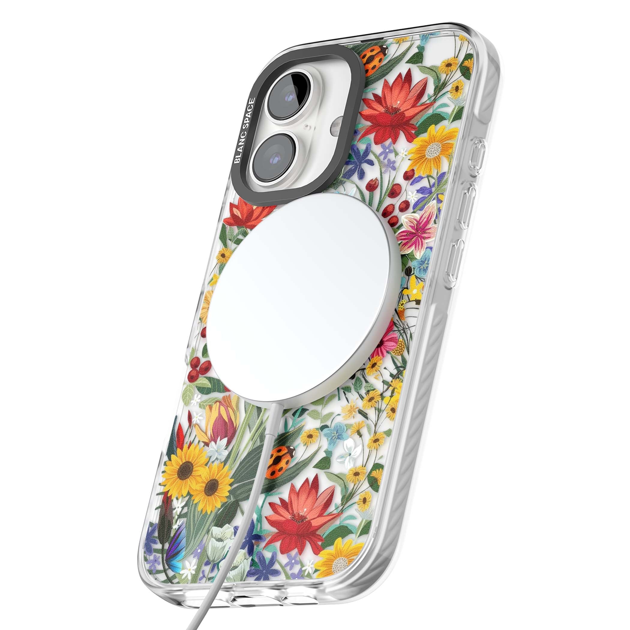 Botanical Bloom cottagecore iPhone case featuring colorful wildflowers, sunflowers, and ladybugs on clear background | Impact Magsafe case for iPhone 16, iPhone 16 Plus