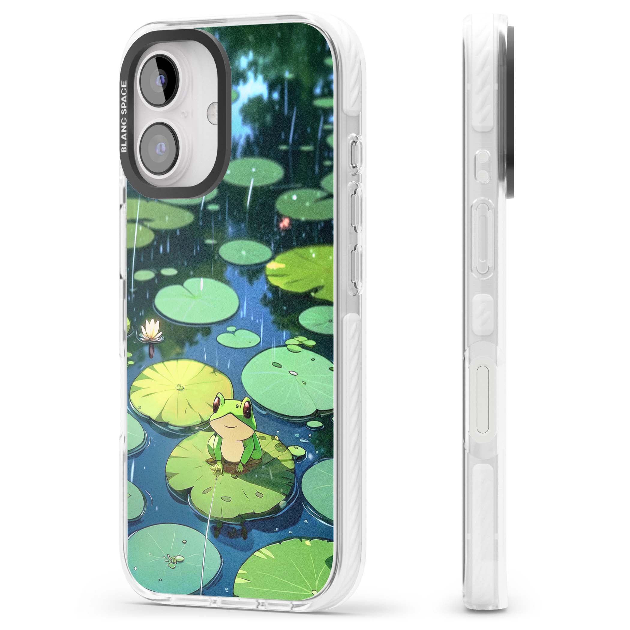 Frog In Lily Pond cottagecore iPhone case featuring a cute green frog on a lily pad with falling rain and a lotus flower | Impact Magsafe case for iPhone 16, iPhone 16 Plus