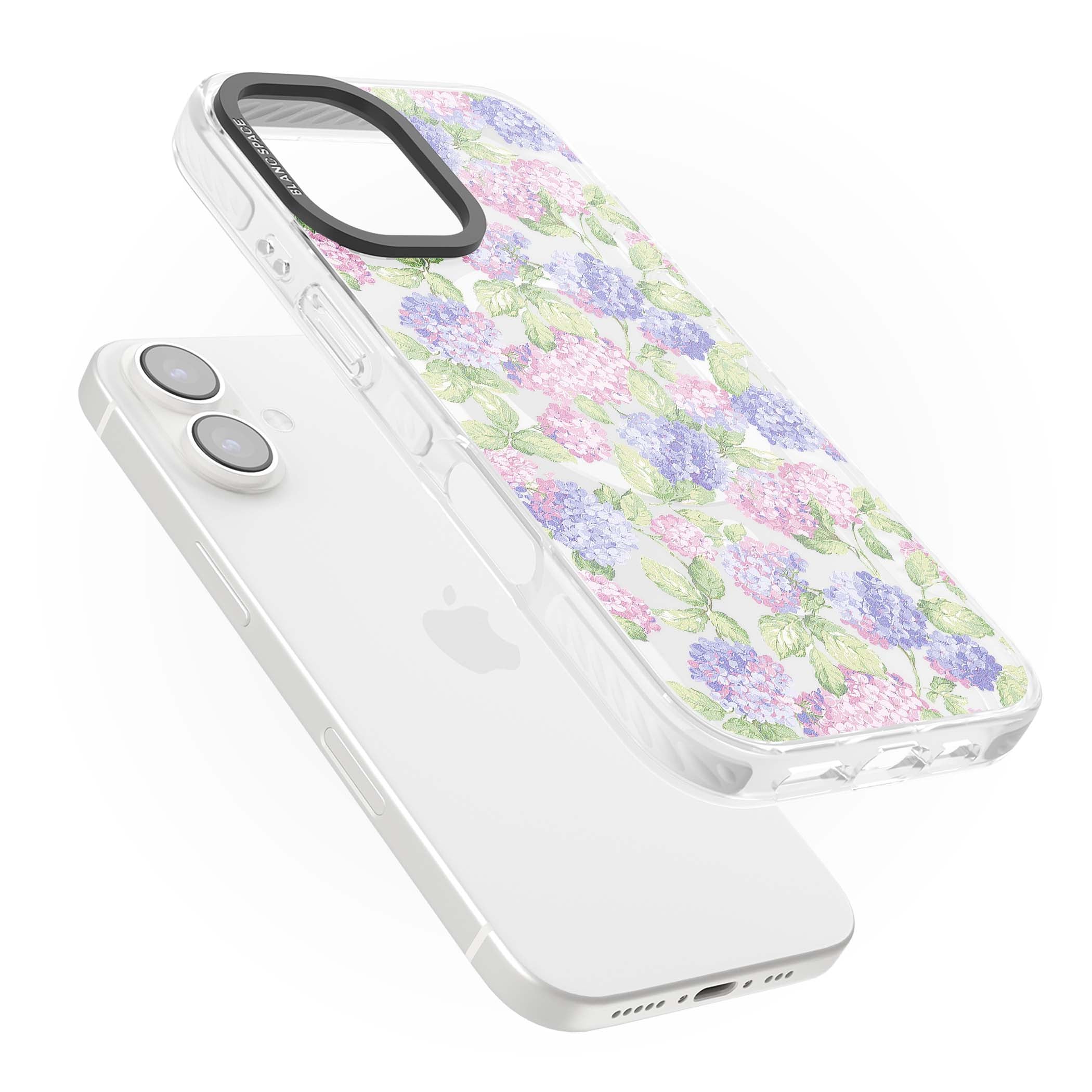 Cottage Hydrangea cottagecore iPhone case featuring pink and purple hydrangea blooms with green leaves on a clear background | Impact Magsafe case for iPhone 16, iPhone 16 Plus