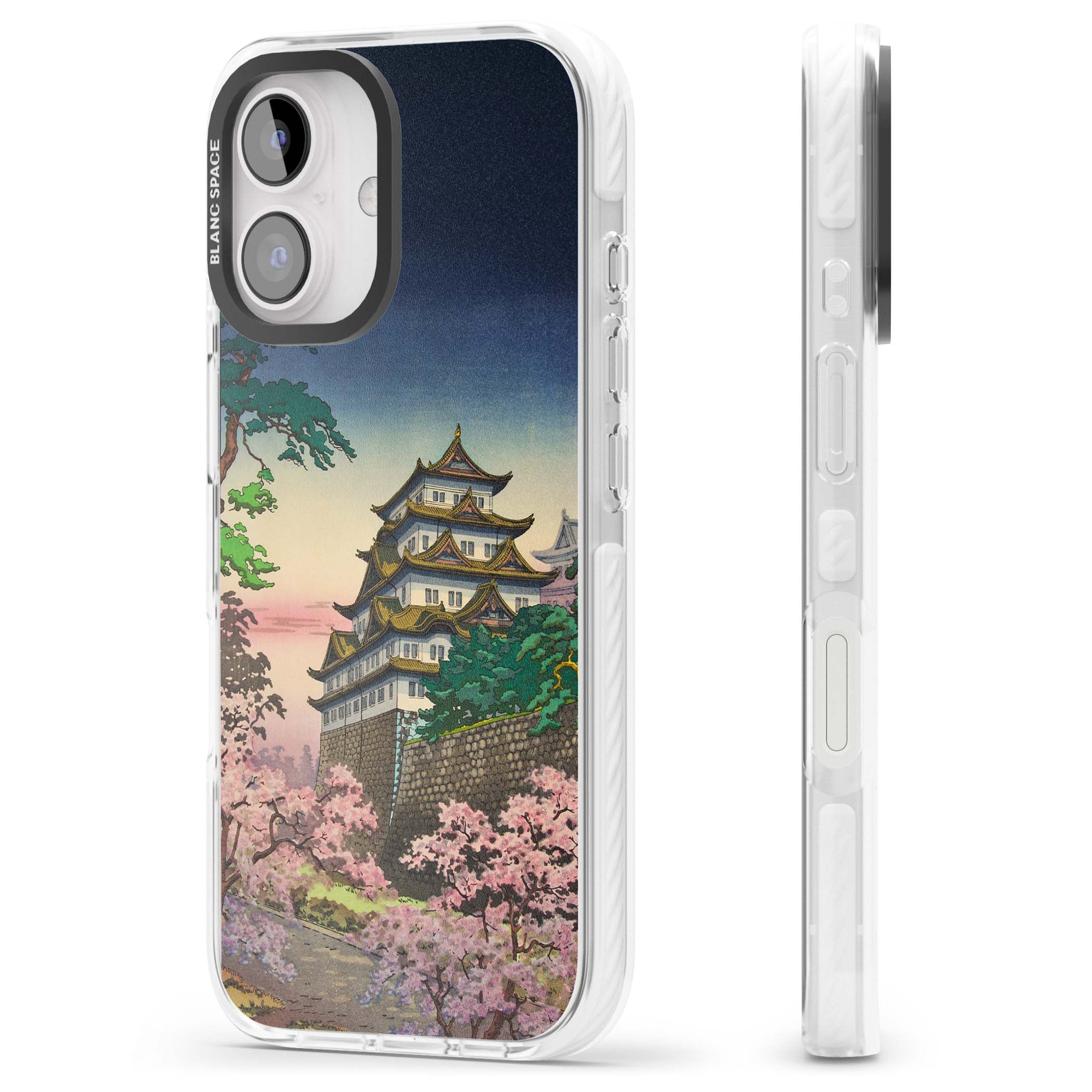Nagoya Castle Japanese iPhone case featuring a vintage pagoda, twilight sky and cherry blossom trees | Impact Magsafe case for iPhone 16, iPhone 16 Plus