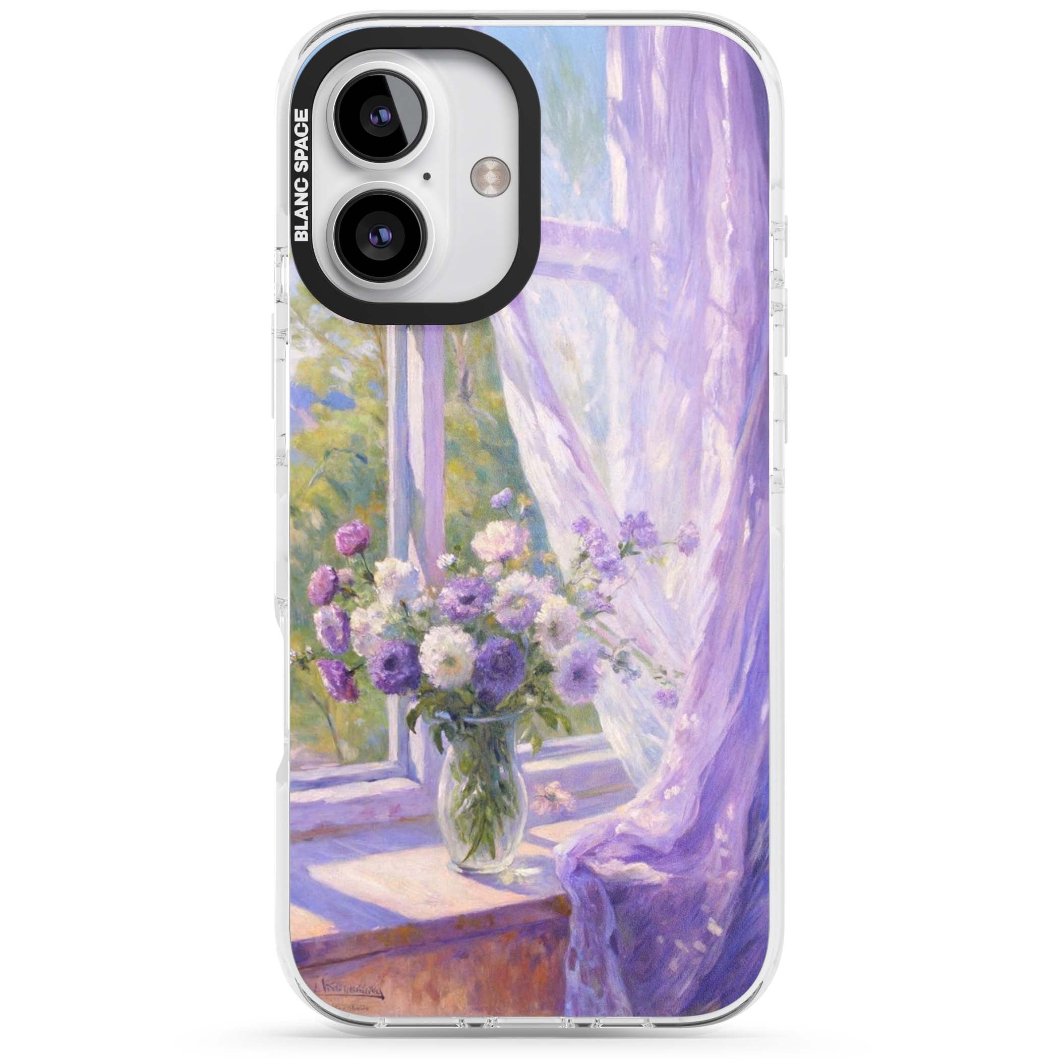 A Provence Morning impressionist art iPhone case featuring a vase of purple flowers, sunlit window and sheer curt | Impact Magsafe case for iPhone 16, iPhone 16 Plus