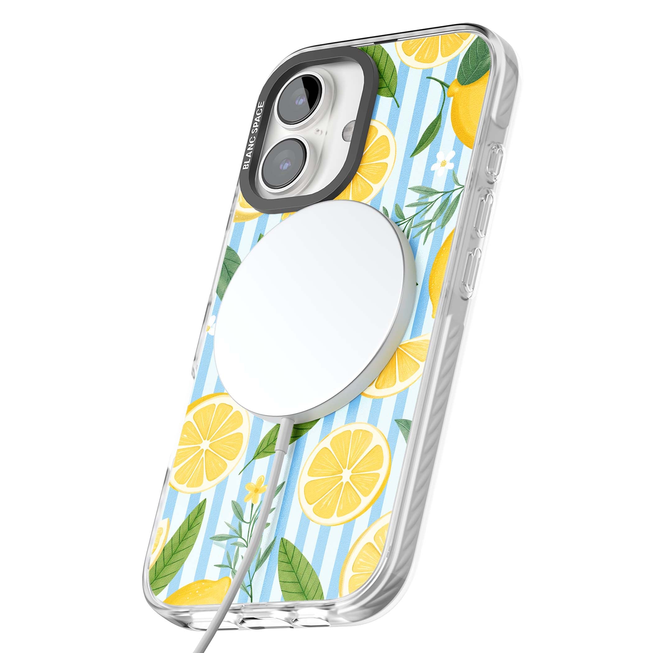 Capri Citrus Stripe coastal iPhone case featuring yellow lemons, blue stripes, and white daisy blossoms | Impact Magsafe case for iPhone 16, iPhone 16 Plus