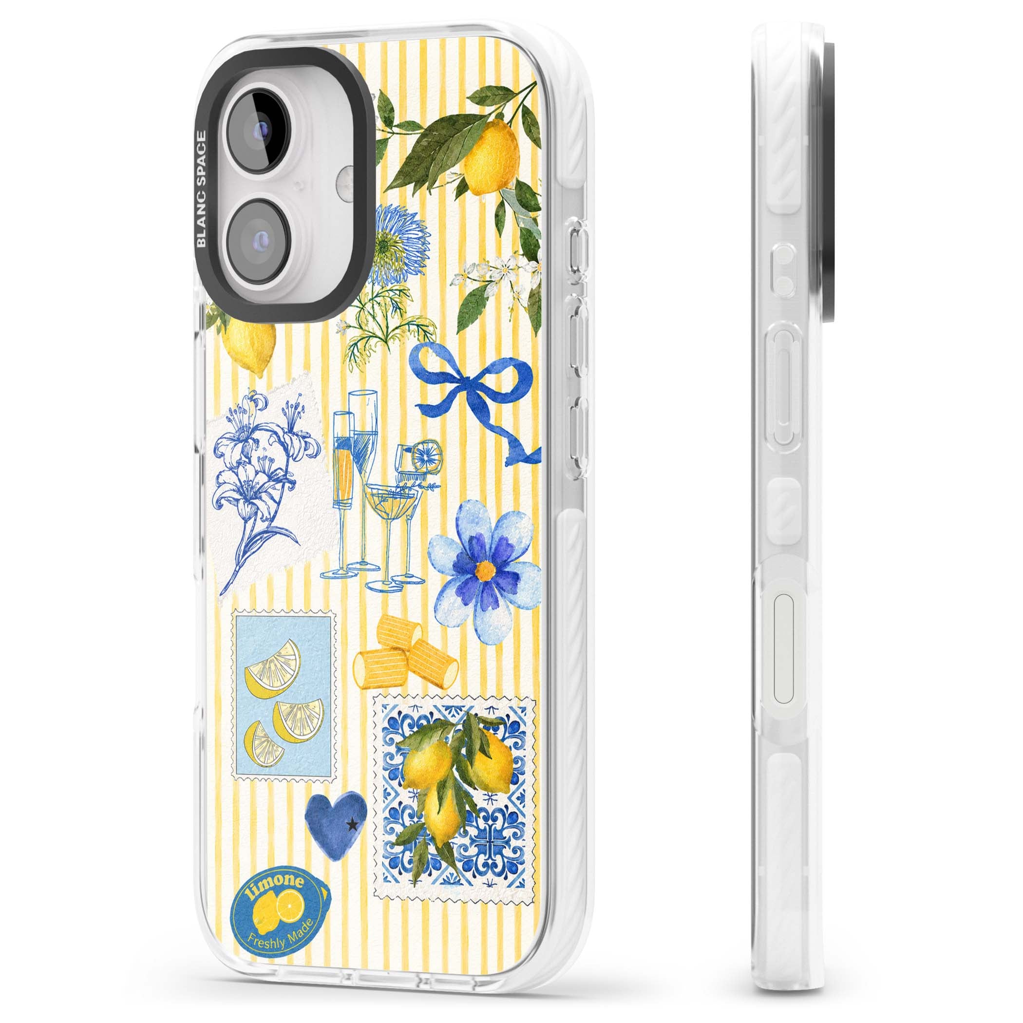 Limone Riviera Italian summer iPhone case featuring watercolour lemons, blue ribbon bows and majolica tile stamps on... | Impact Magsafe case for iPhone 16, iPhone 16 Plus