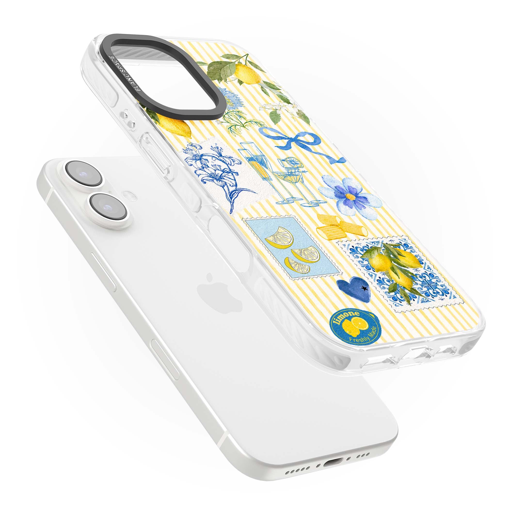 Limone Riviera Italian summer iPhone case featuring watercolour lemons, blue ribbon bows and majolica tile stamps on... | Impact Magsafe case for iPhone 16, iPhone 16 Plus