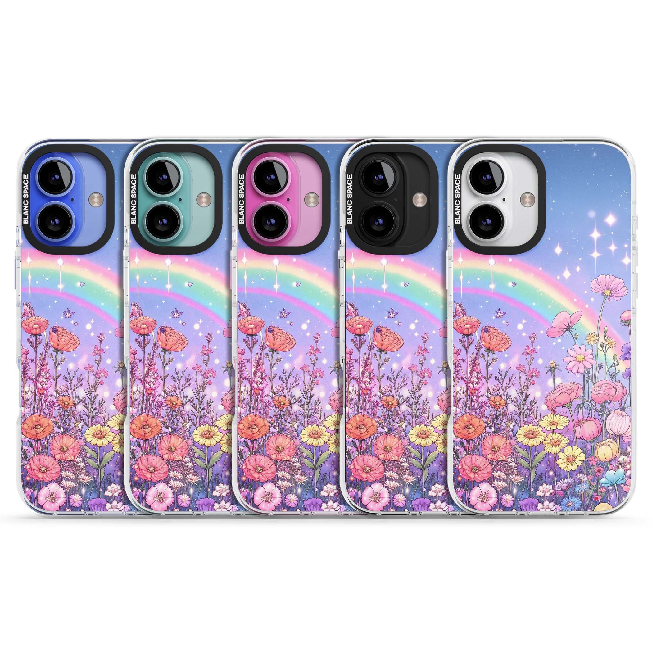 Magical Meadow fairycore iPhone case featuring a pastel rainbow, sparkling stars and a wildflower meadow | Impact Magsafe case for iPhone 16, iPhone 16 Plus