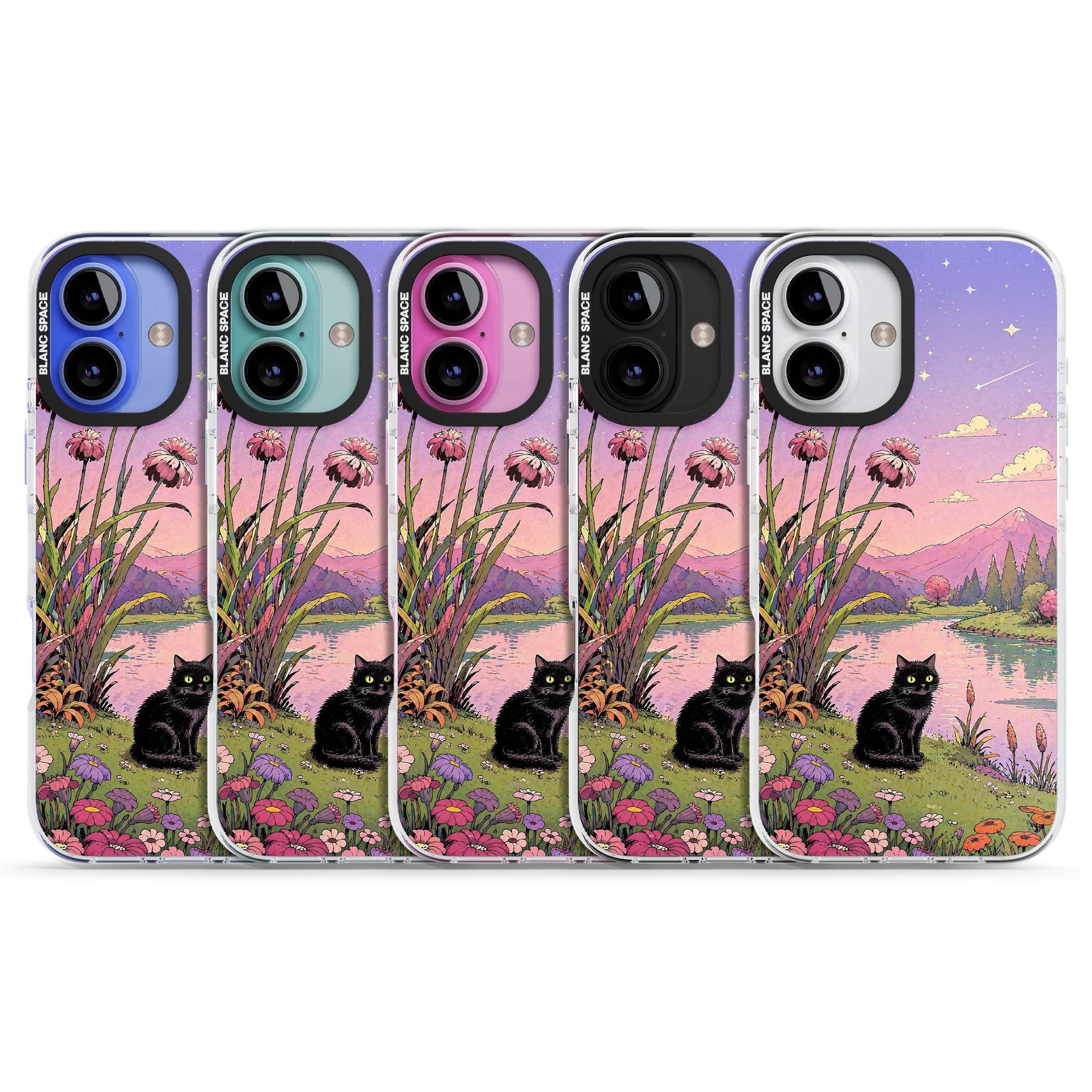 Mystic Whiskers ghibli iPhone case featuring a black cat by a pastel lake, wildflowers and a starry sunset sky | Impact Magsafe case for iPhone 16, iPhone 16 Plus