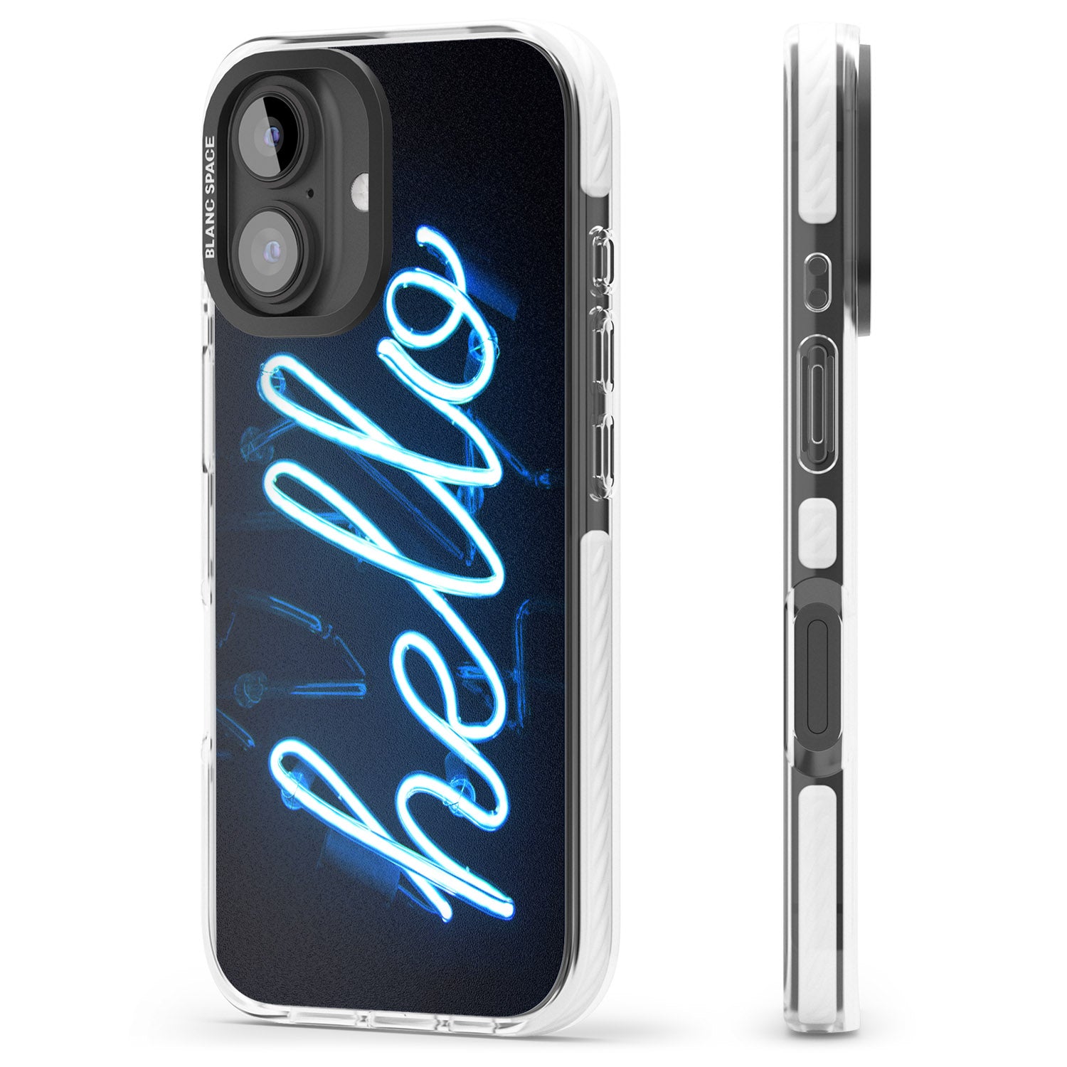 iPhone 16 Pro Max "Hello" Blue Cursive Neon Sign Black Impact Phone Case