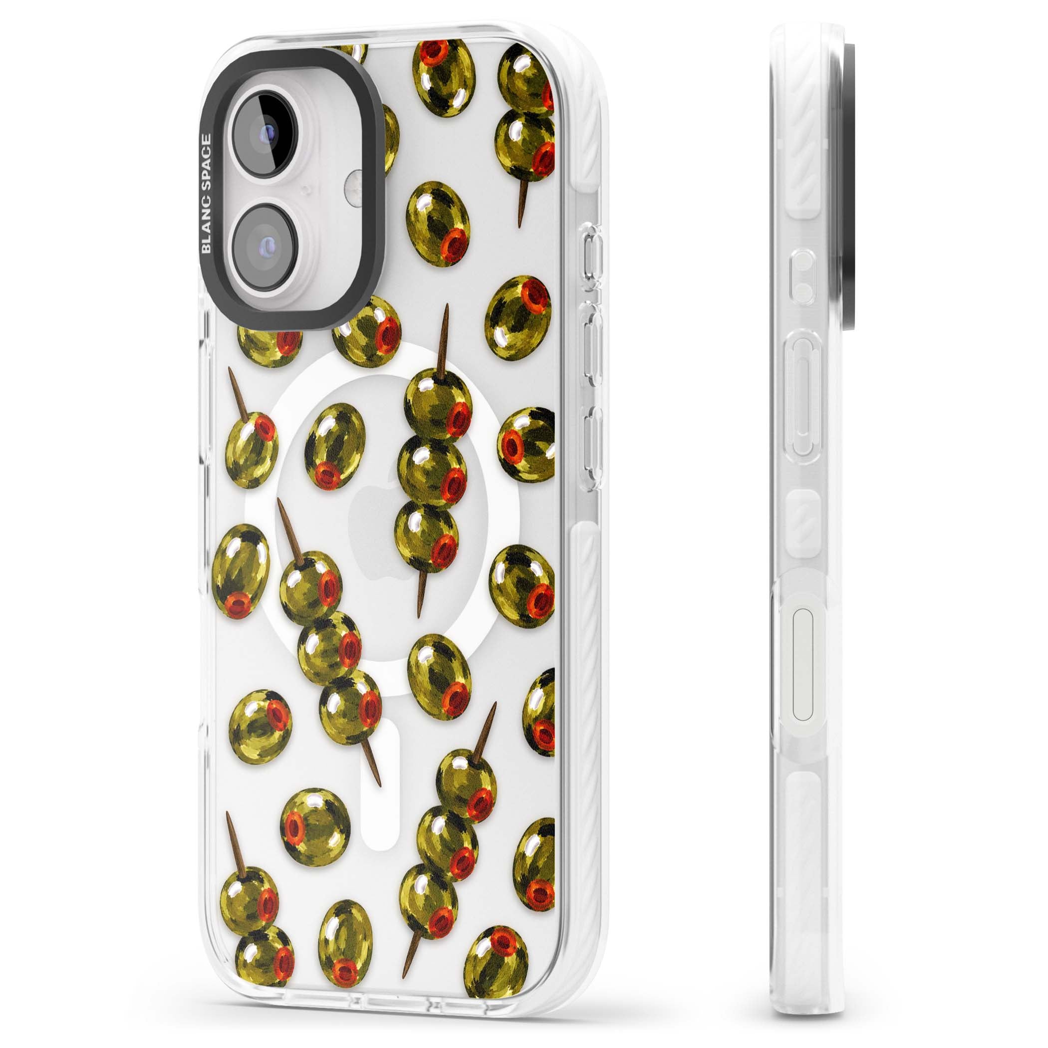 Painted Olives cocktail iPhone case featuring green olives, pimento centres and toothpick skewers on a clear background | Impact Magsafe case for iPhone 16, iPhone 16 Plus