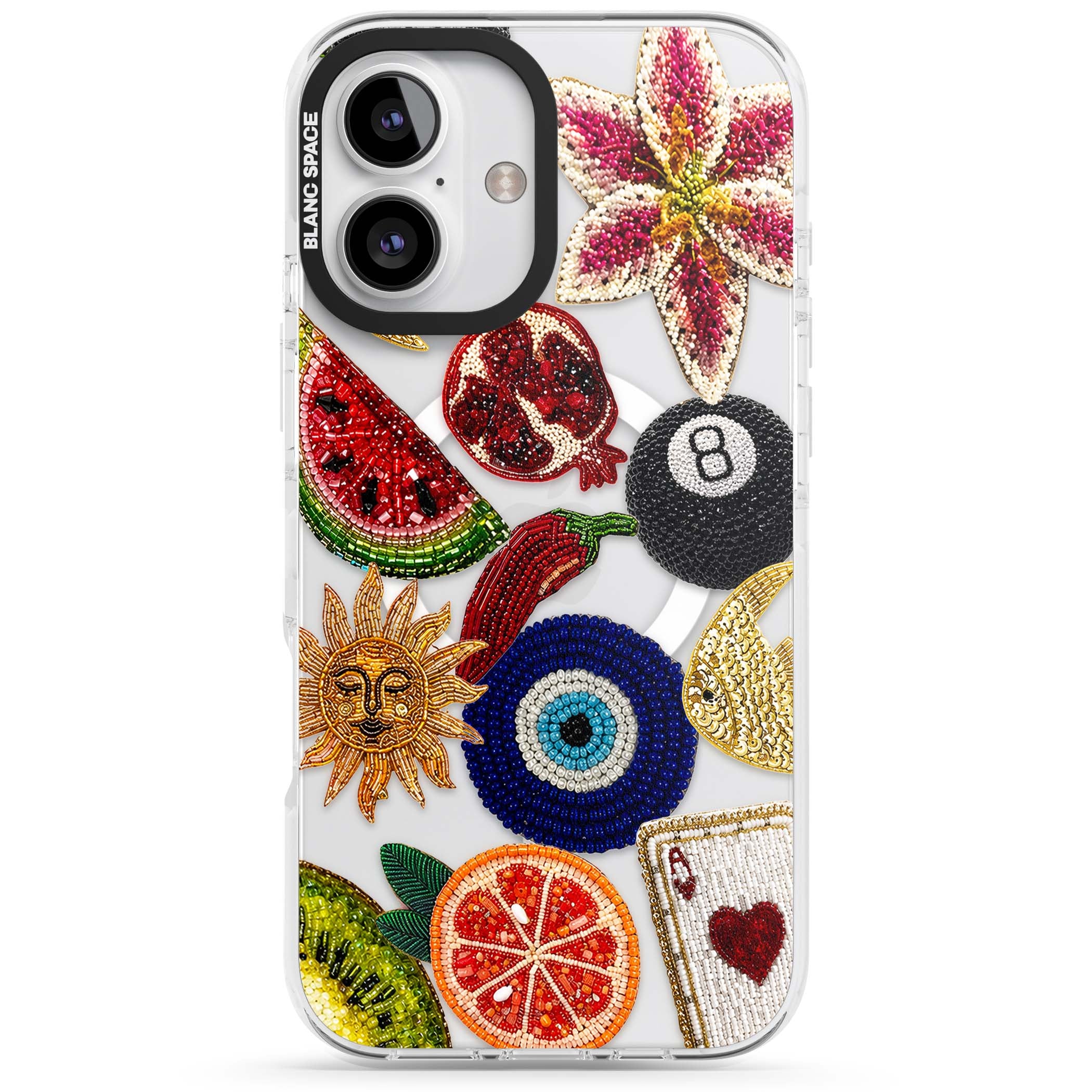 Beaded Charms embroidery iPhone case featuring beaded evil eye, fruit patches and a golden sun motif | Impact Magsafe case for iPhone 16, iPhone 16 Plus