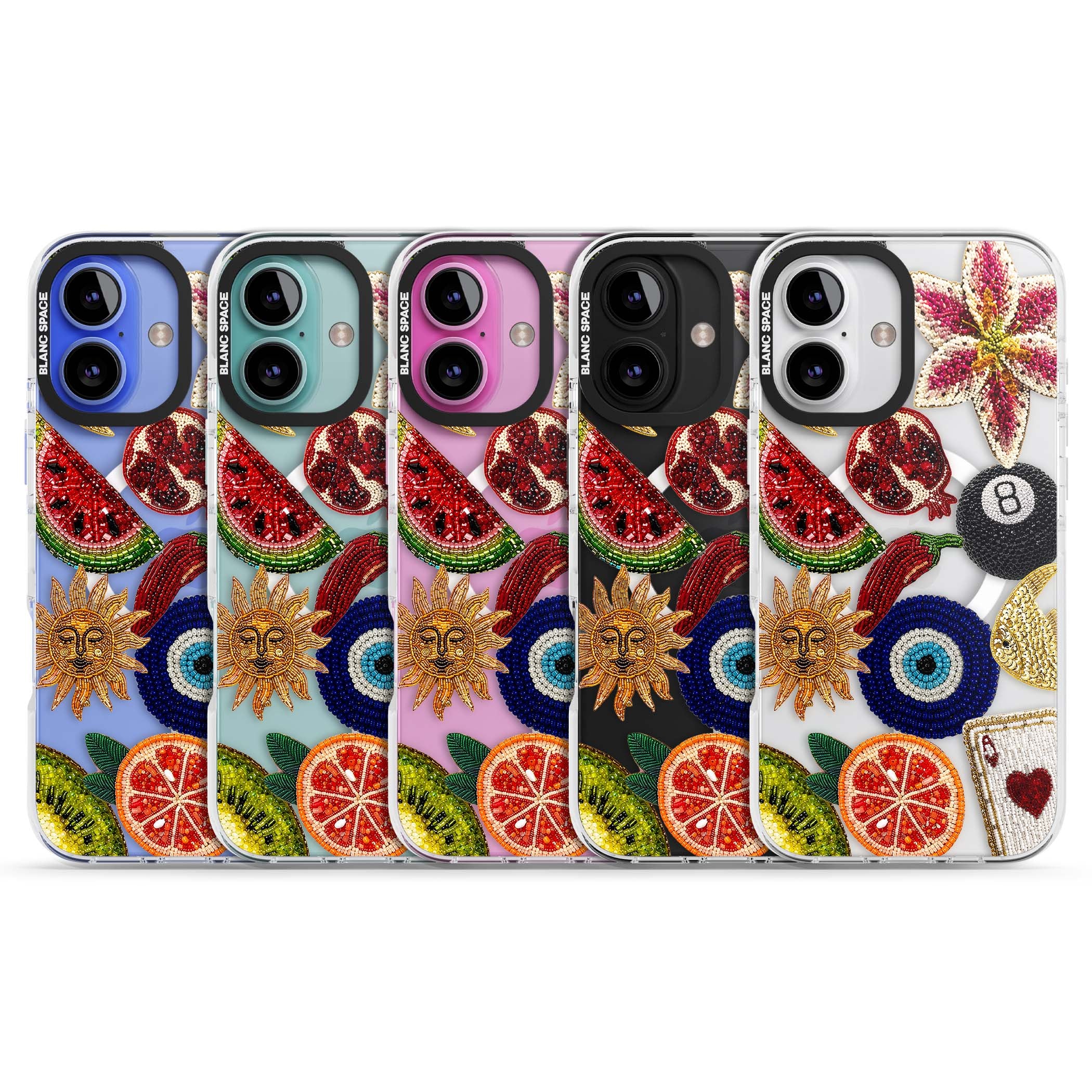 Beaded Charms embroidery iPhone case featuring beaded evil eye, fruit patches and a golden sun motif | Impact Magsafe case for iPhone 16, iPhone 16 Plus