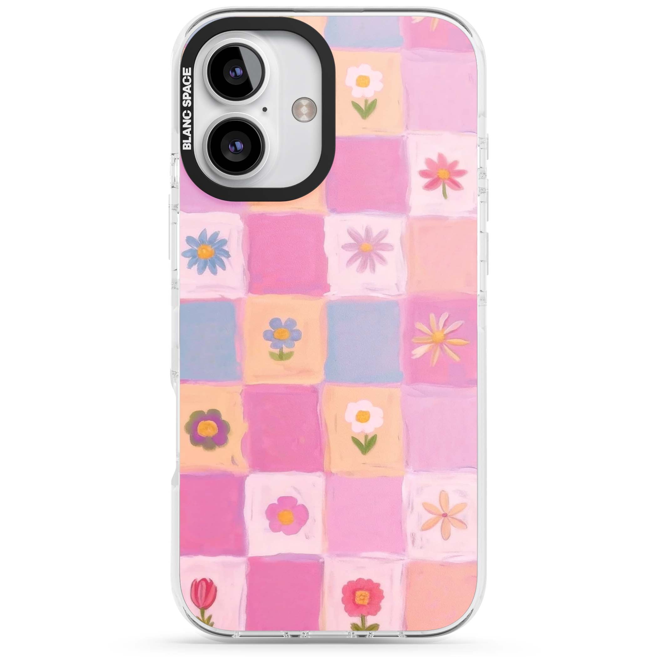 Pastel Flower Patchwork cottagecore iPhone case featuring painted pink and lilac squares with daisies and wildflowers | Impact Magsafe case for iPhone 16, iPhone 16 Plus