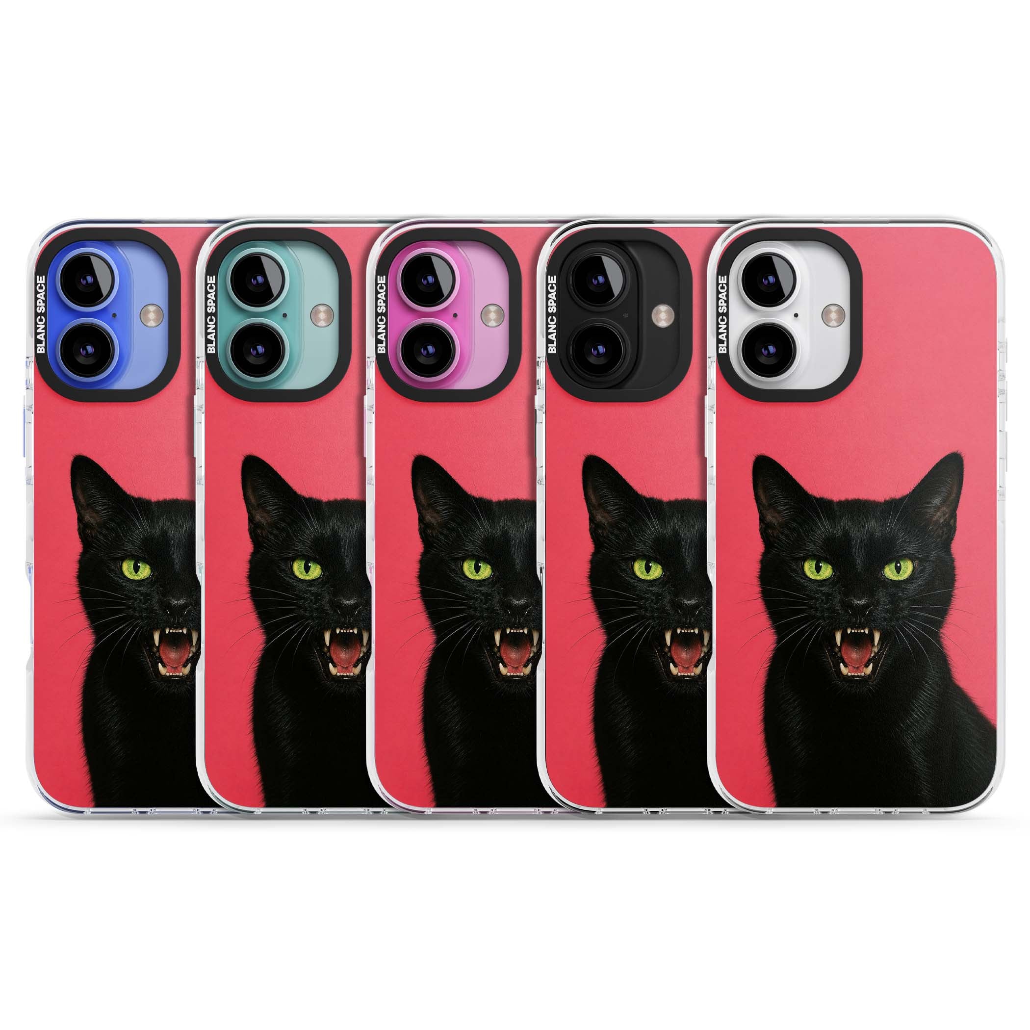 Hissin' Baddie black cat iPhone case featuring a hissing feline with green eyes on a hot pink background | Impact Magsafe case for iPhone 16, iPhone 16 Plus