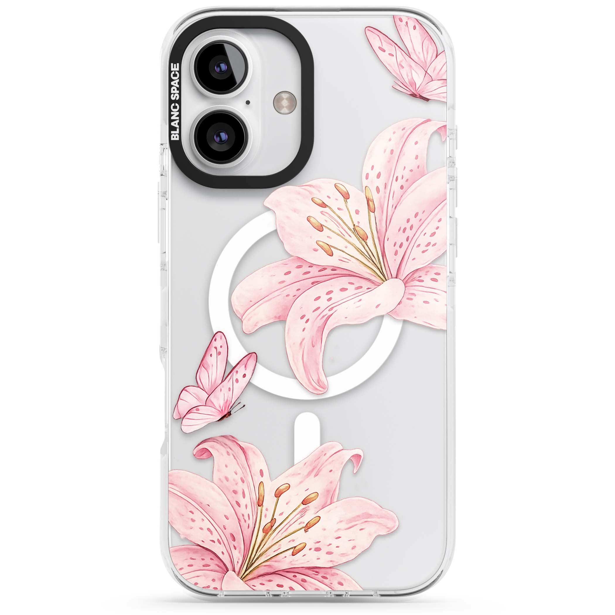 Lily Whisper floral iPhone case featuring pink watercolour lilies and delicate butterflies on a clear background | Impact Magsafe case for iPhone 16, iPhone 16 Plus