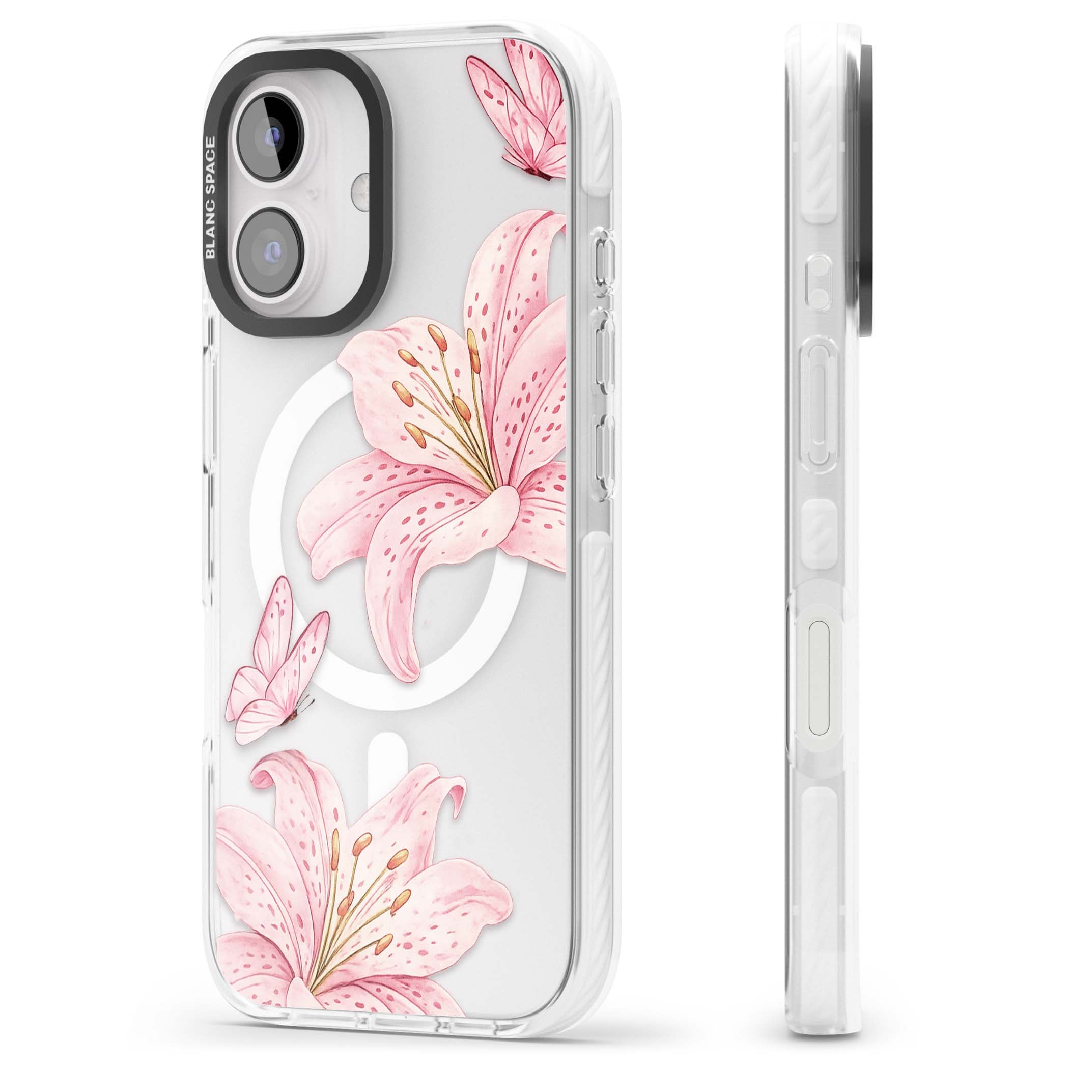 Lily Whisper floral iPhone case featuring pink watercolour lilies and delicate butterflies on a clear background | Impact Magsafe case for iPhone 16, iPhone 16 Plus