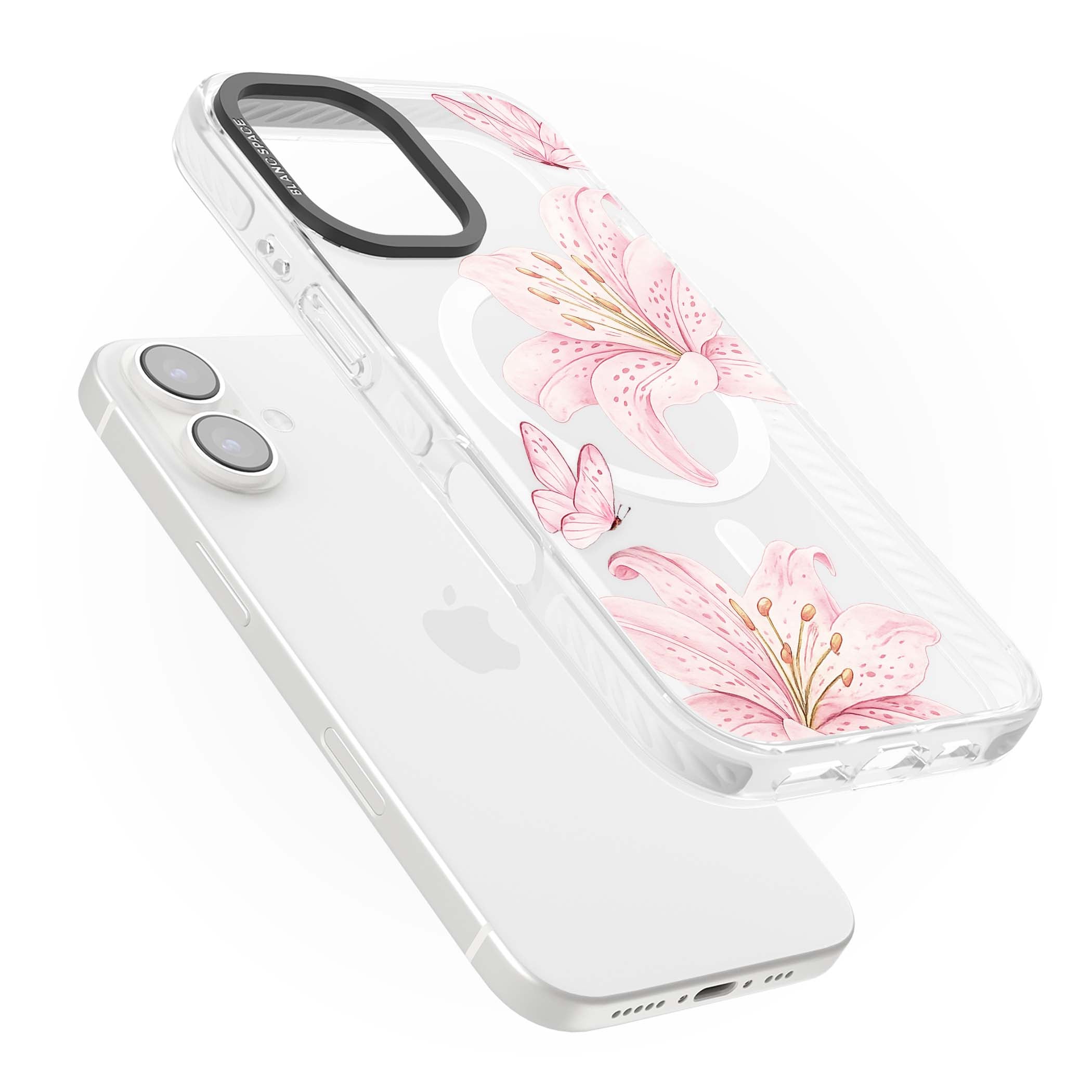 Lily Whisper floral iPhone case featuring pink watercolour lilies and delicate butterflies on a clear background | Impact Magsafe case for iPhone 16, iPhone 16 Plus