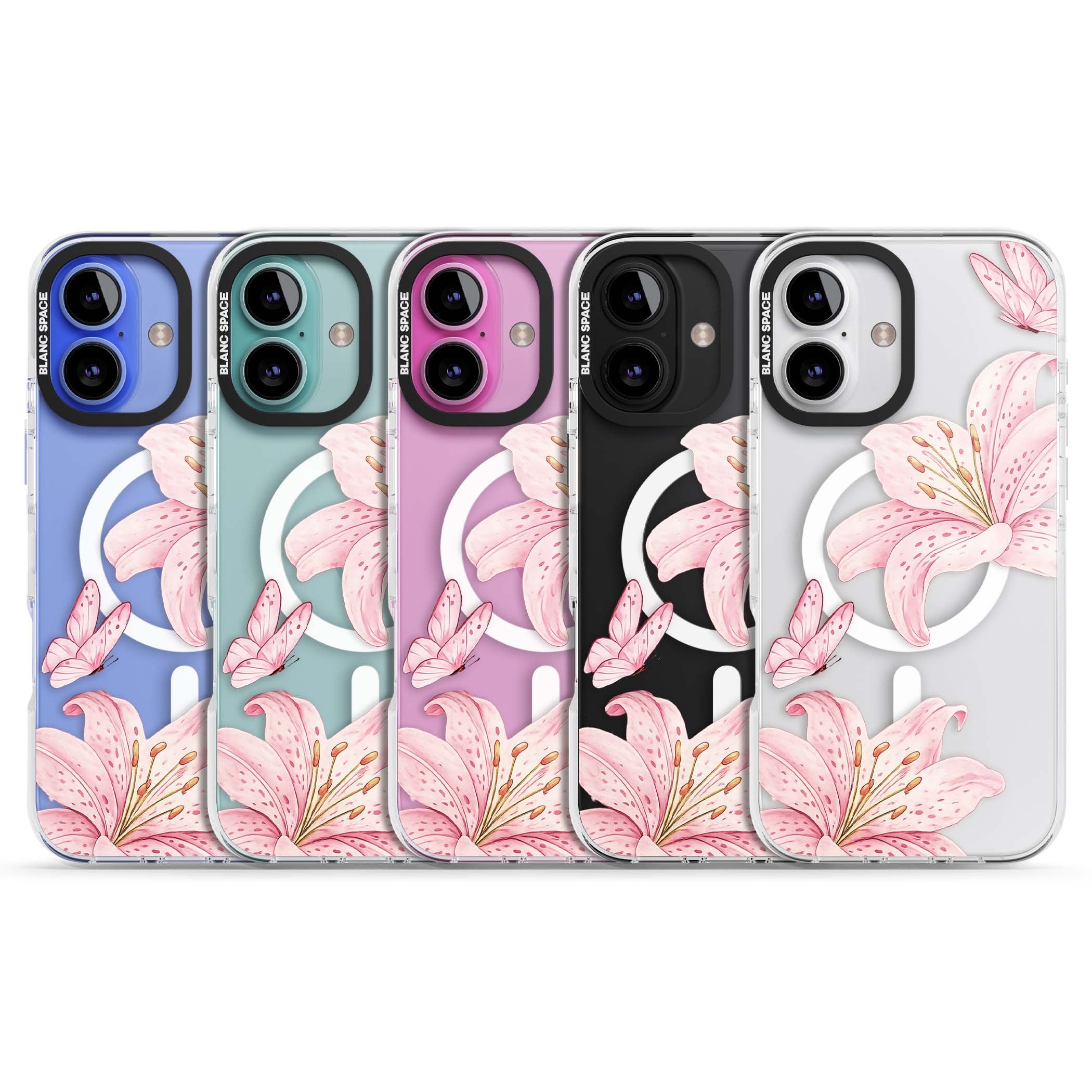 Lily Whisper floral iPhone case featuring pink watercolour lilies and delicate butterflies on a clear background | Impact Magsafe case for iPhone 16, iPhone 16 Plus