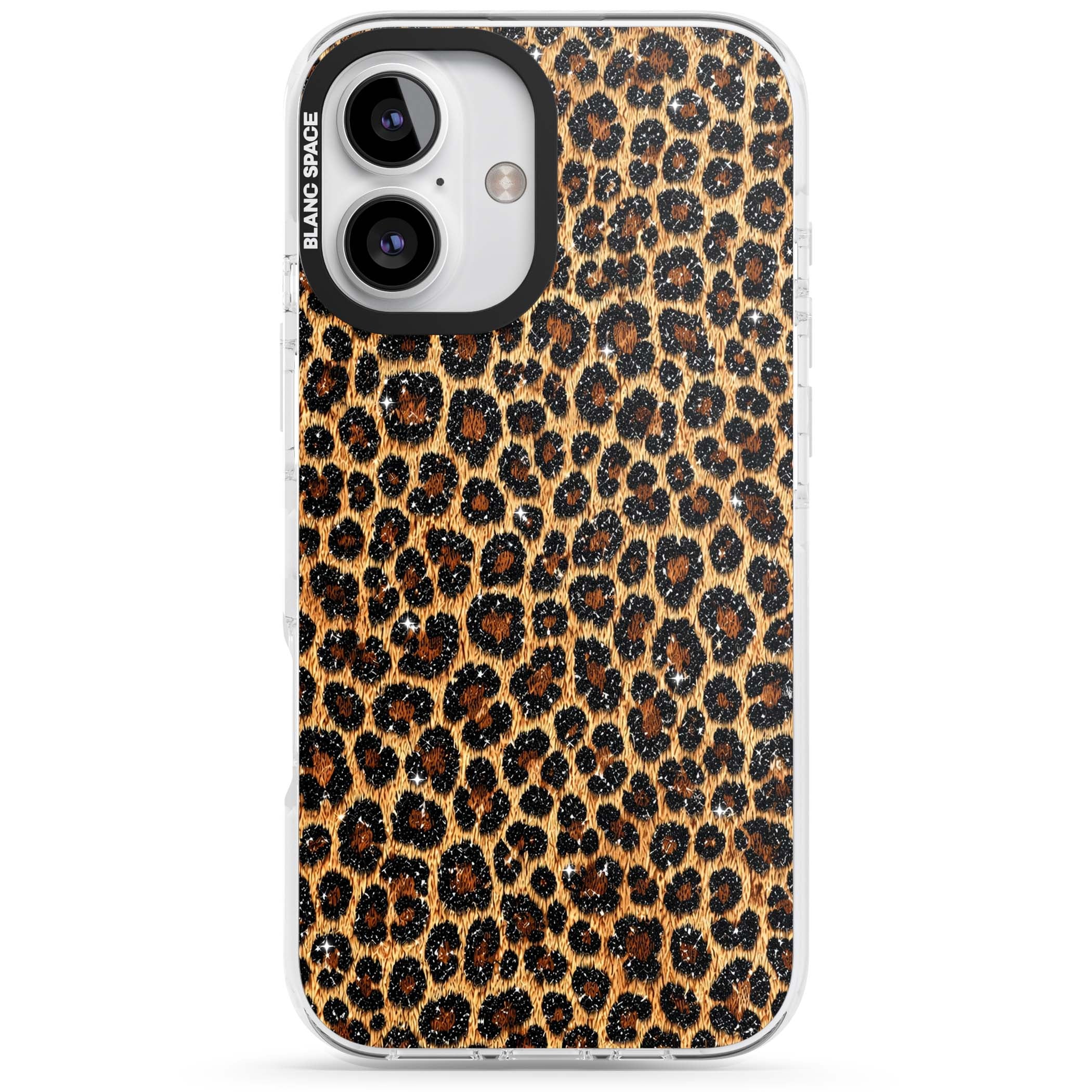 Diamond Leopard leopard print iPhone case featuring golden tan fur, black rosette spots and subtle glitter sparkle | Impact Magsafe case for iPhone 16, iPhone 16 Plus