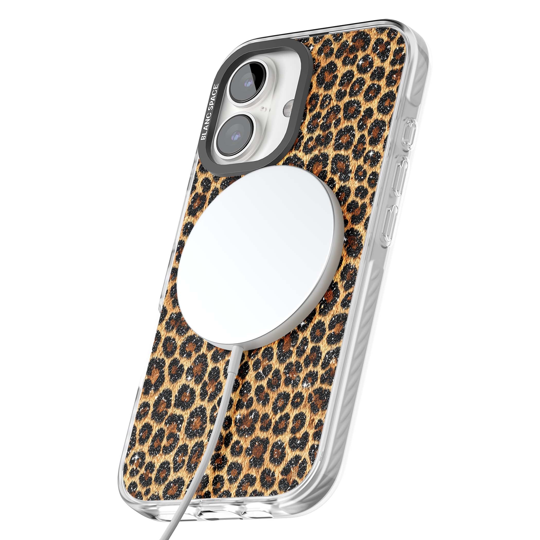 Diamond Leopard leopard print iPhone case featuring golden tan fur, black rosette spots and subtle glitter sparkle | Impact Magsafe case for iPhone 16, iPhone 16 Plus