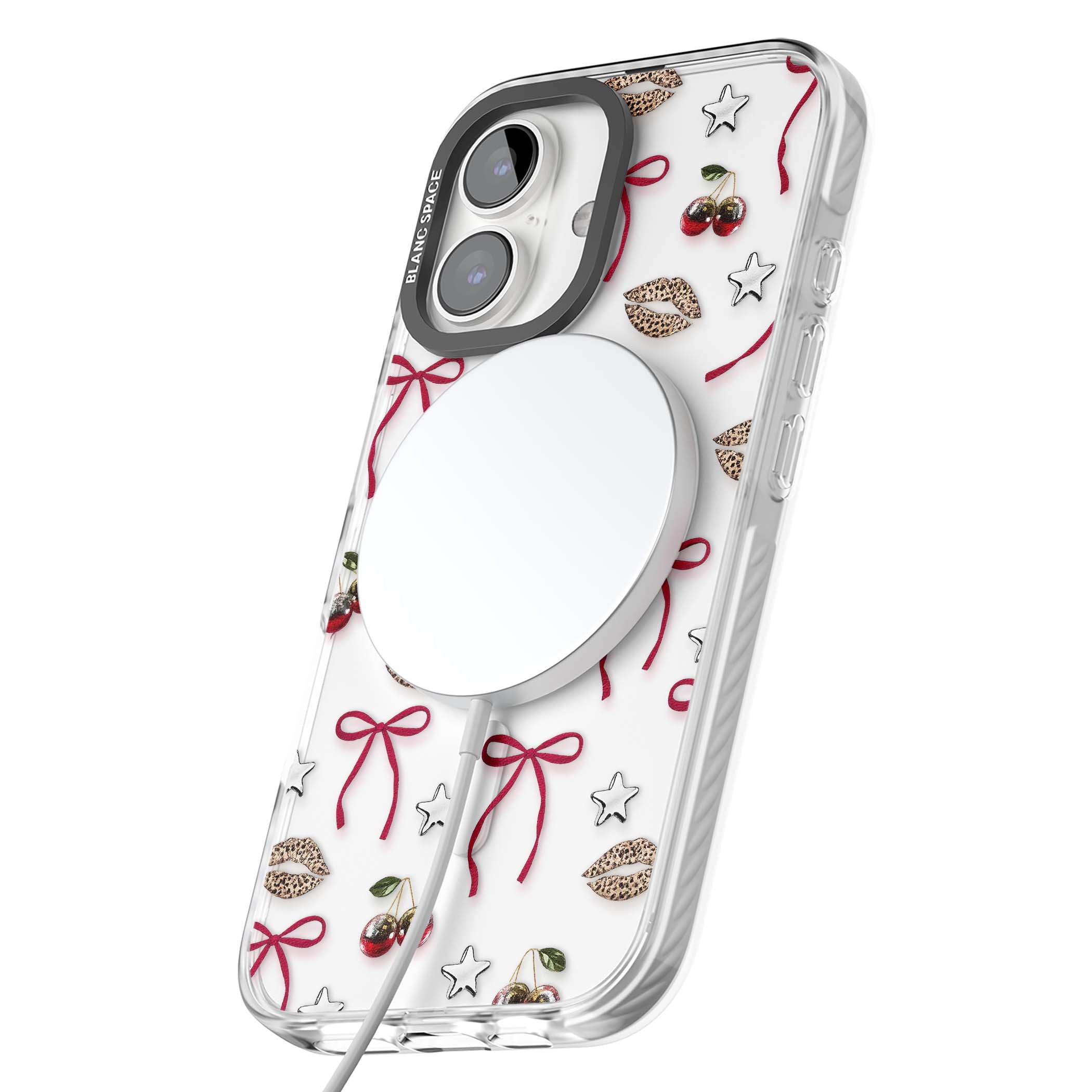 Starlet coquette iPhone case featuring red ribbon bows, disco cherries and leopard-print lips | Impact Magsafe case for iPhone 16, iPhone 16 Plus