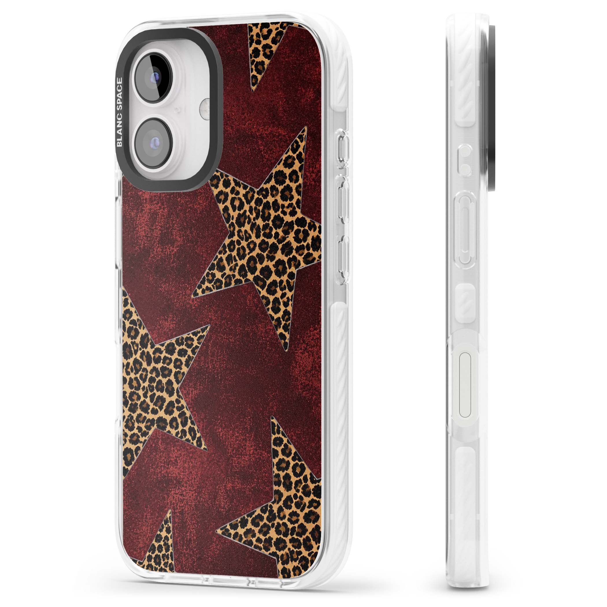 Showgirl leopard print iPhone case featuring cheetah print stars on distressed red grunge background | Impact Magsafe case for iPhone 16, iPhone 16 Plus