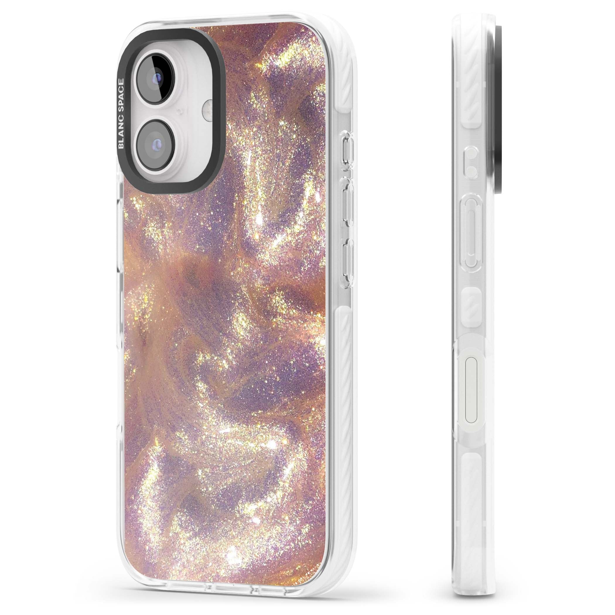 Shimmer marble iPhone case featuring rose gold glitter swirls, lilac shimmer and iridescent pearl finish | Impact Magsafe case for iPhone 16, iPhone 16 Plus
