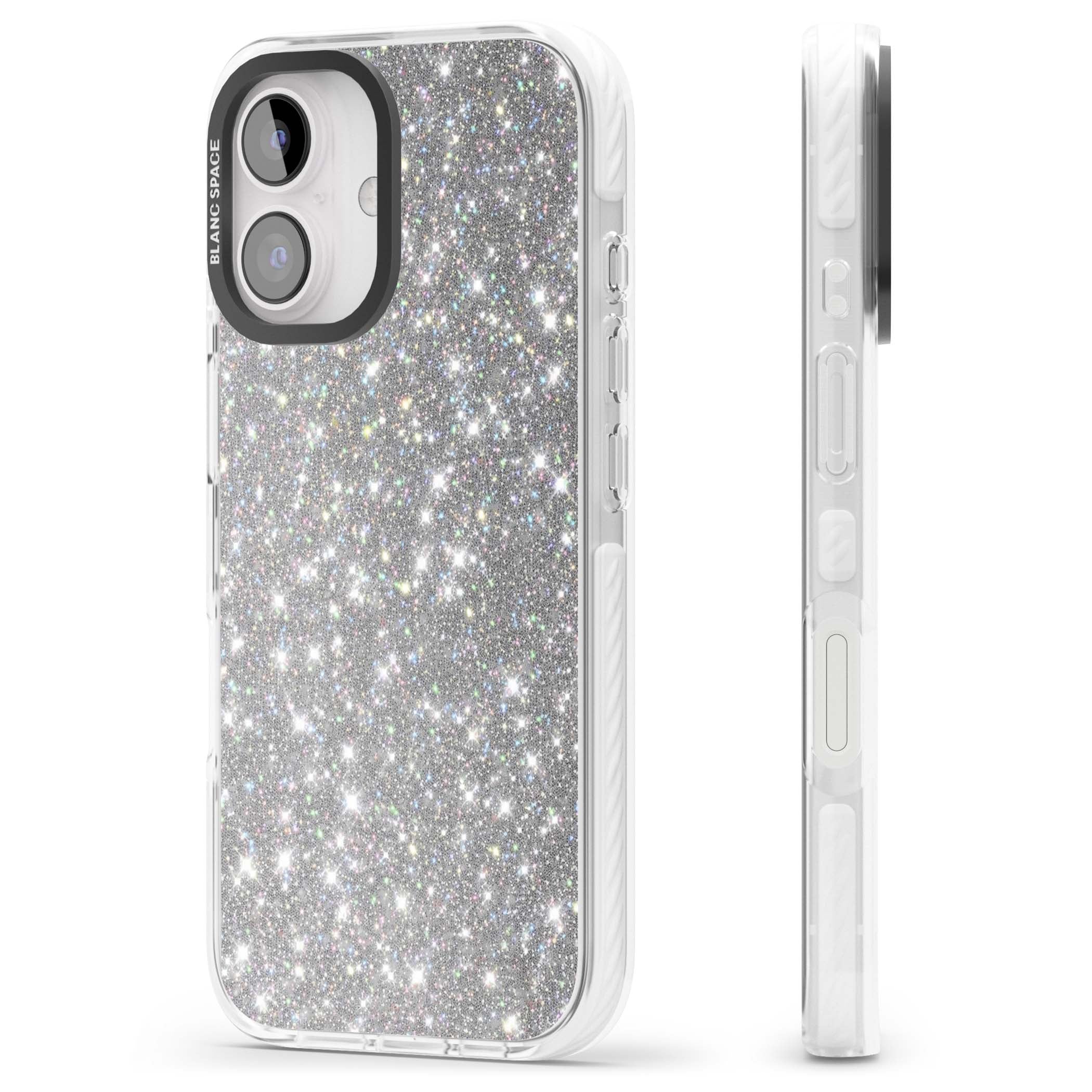 Diamond glam iPhone case featuring silver glitter sparkle and shimmering diamond dust effect | Impact Magsafe case for iPhone 16, iPhone 16 Plus