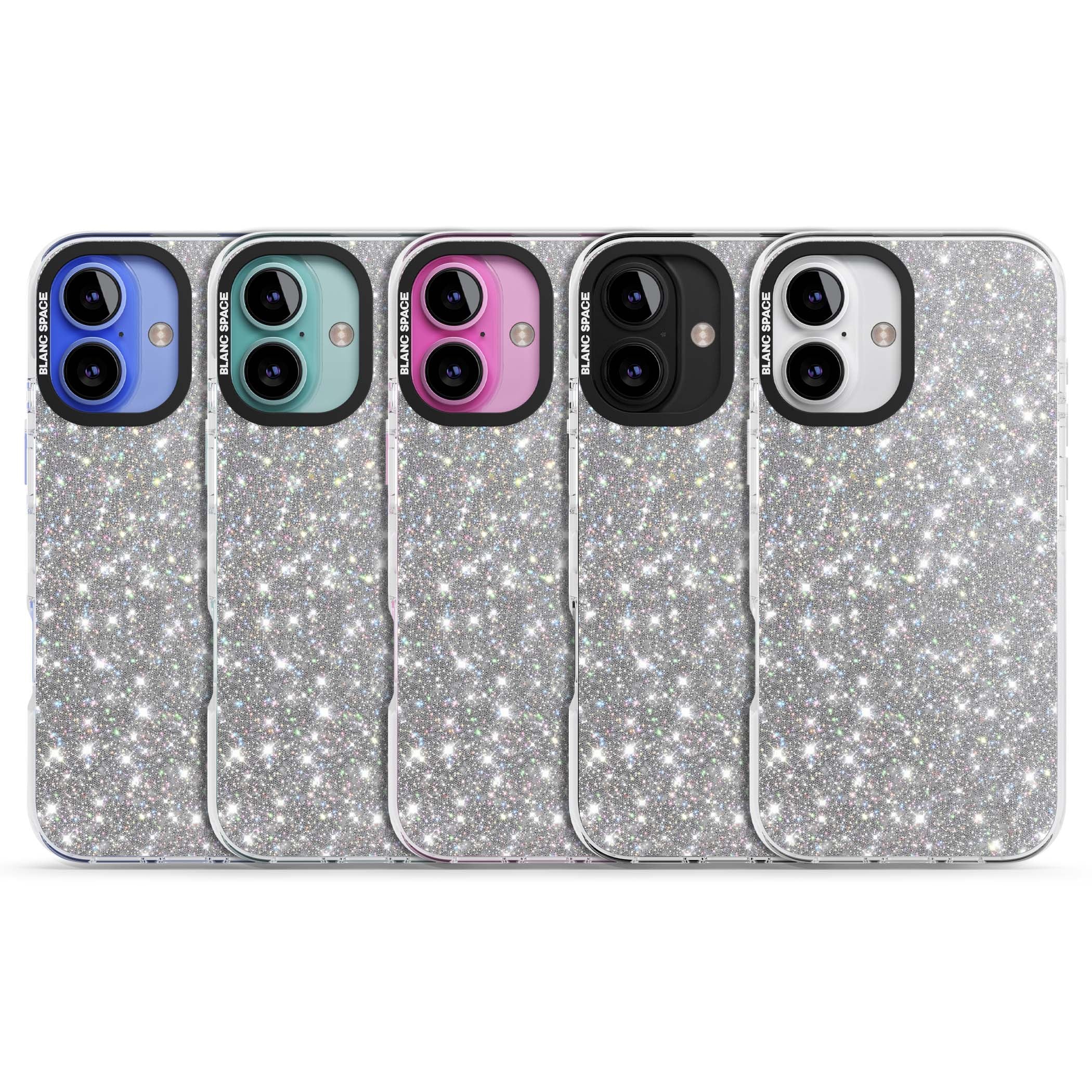 Diamond glam iPhone case featuring silver glitter sparkle and shimmering diamond dust effect | Impact Magsafe case for iPhone 16, iPhone 16 Plus