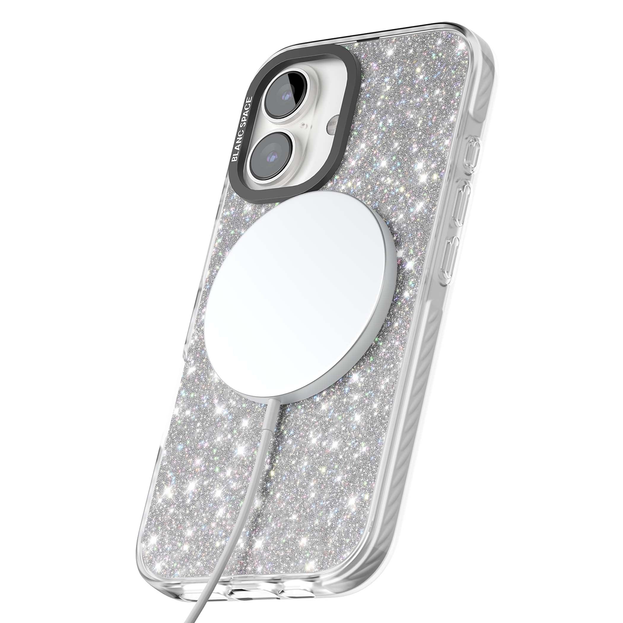 Diamond glam iPhone case featuring silver glitter sparkle and shimmering diamond dust effect | Impact Magsafe case for iPhone 16, iPhone 16 Plus