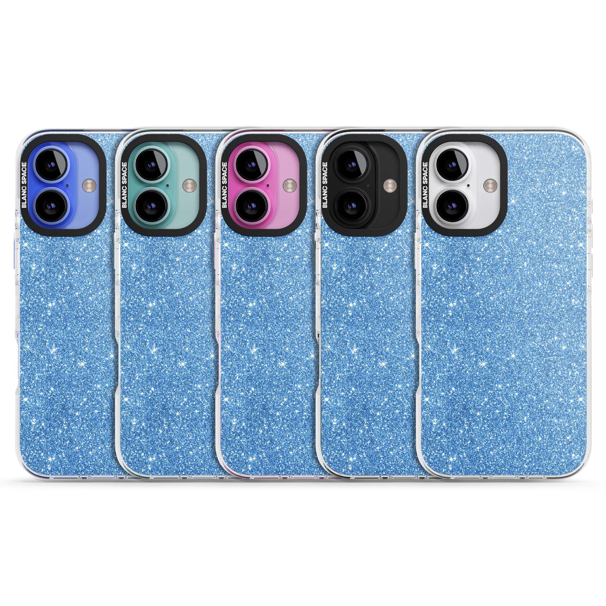 Blue Glitter blue glitter iPhone case featuring dense sparkling cerulean glitter with a glamorous shimmering finish | Impact Magsafe case for iPhone 16, iPhone 16 Plus