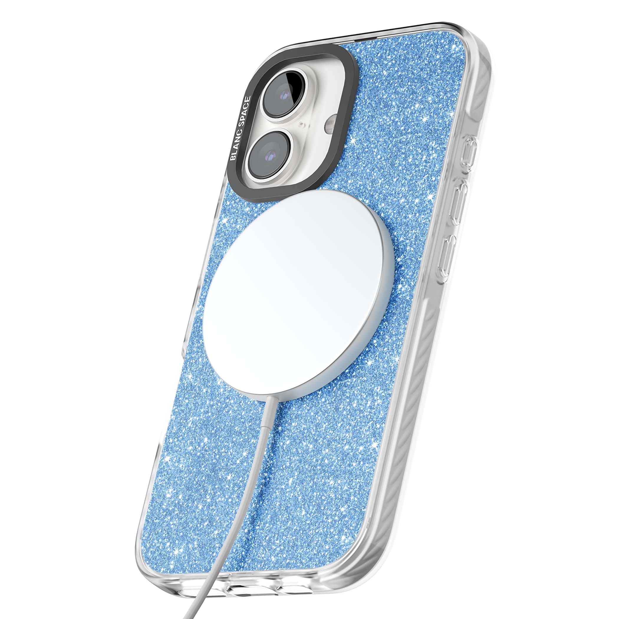 Blue Glitter blue glitter iPhone case featuring dense sparkling cerulean glitter with a glamorous shimmering finish | Impact Magsafe case for iPhone 16, iPhone 16 Plus