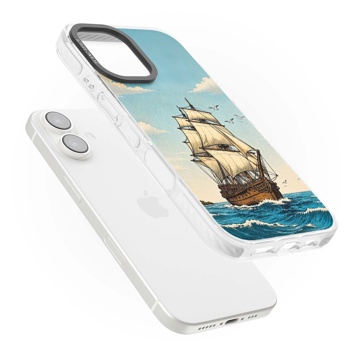 Ship at Sea nautical iPhone case featuring a vintage tall ship, ocean waves and seagulls | Impact Magsafe case for iPhone 16, iPhone 16 Plus