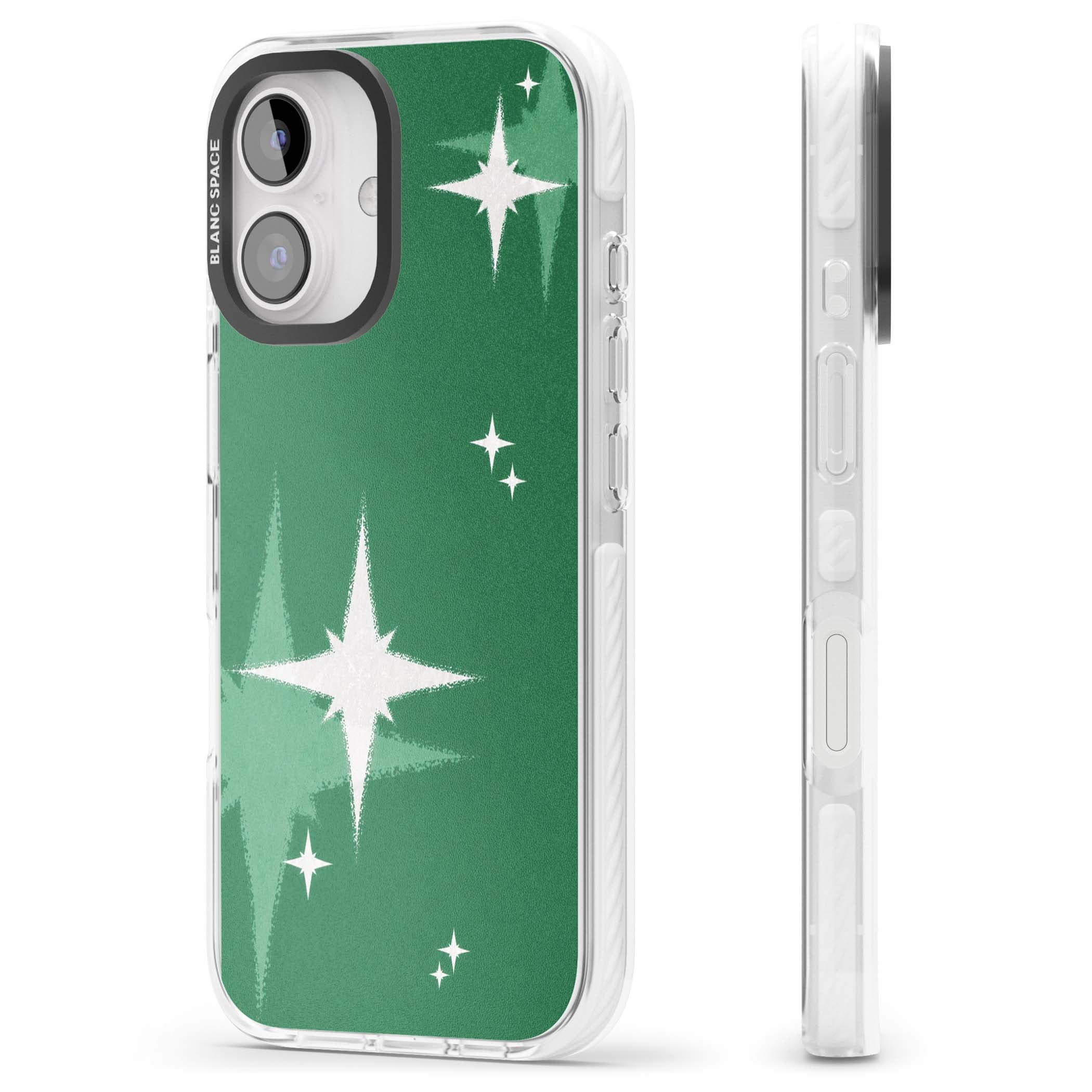 Green Sparkle celestial iPhone case featuring sparkling white four-point stars on a deep green background | Impact Magsafe case for iPhone 16, iPhone 16 Plus