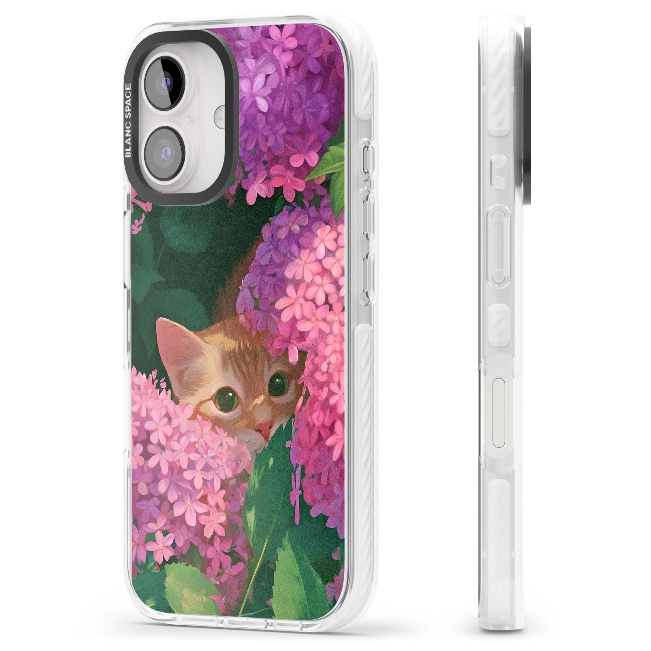 Cat In Pink Flowers cottagecore iPhone case featuring a ginger kitten peeking through lilac and pink hydrangea flo | Impact Magsafe case for iPhone 16, iPhone 16 Plus