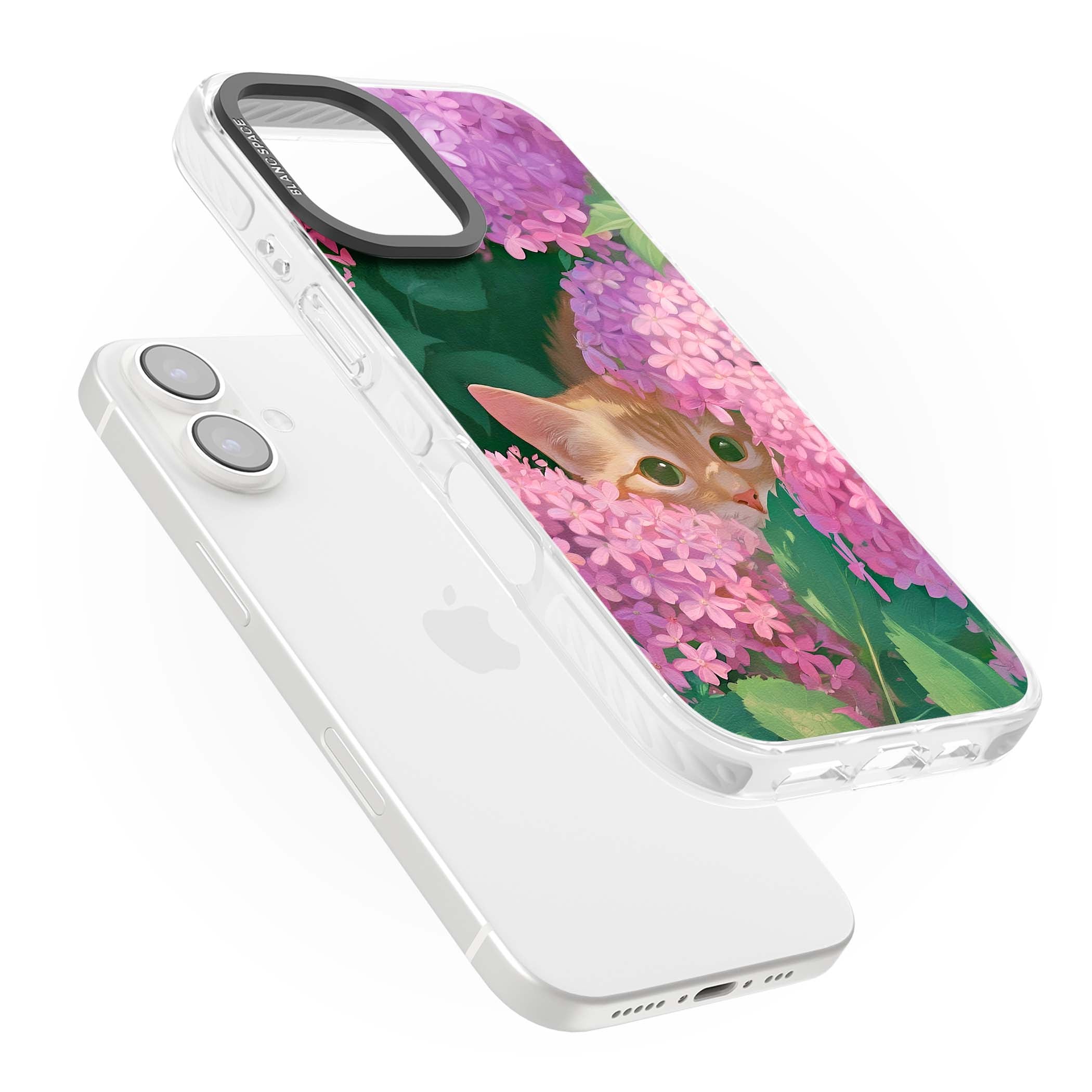 Cat In Pink Flowers cottagecore iPhone case featuring a ginger kitten peeking through lilac and pink hydrangea flo | Impact Magsafe case for iPhone 16, iPhone 16 Plus