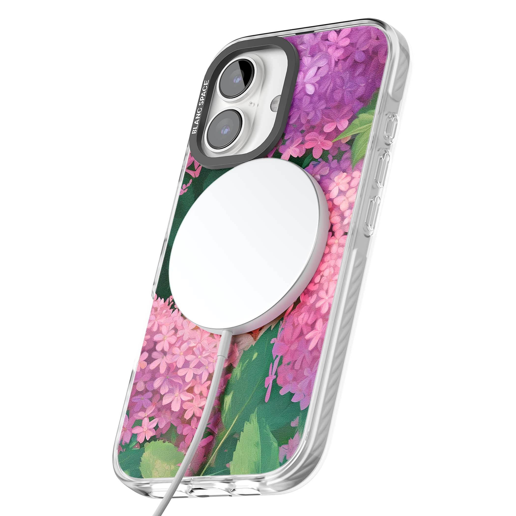 Cat In Pink Flowers cottagecore iPhone case featuring a ginger kitten peeking through lilac and pink hydrangea flo | Impact Magsafe case for iPhone 16, iPhone 16 Plus