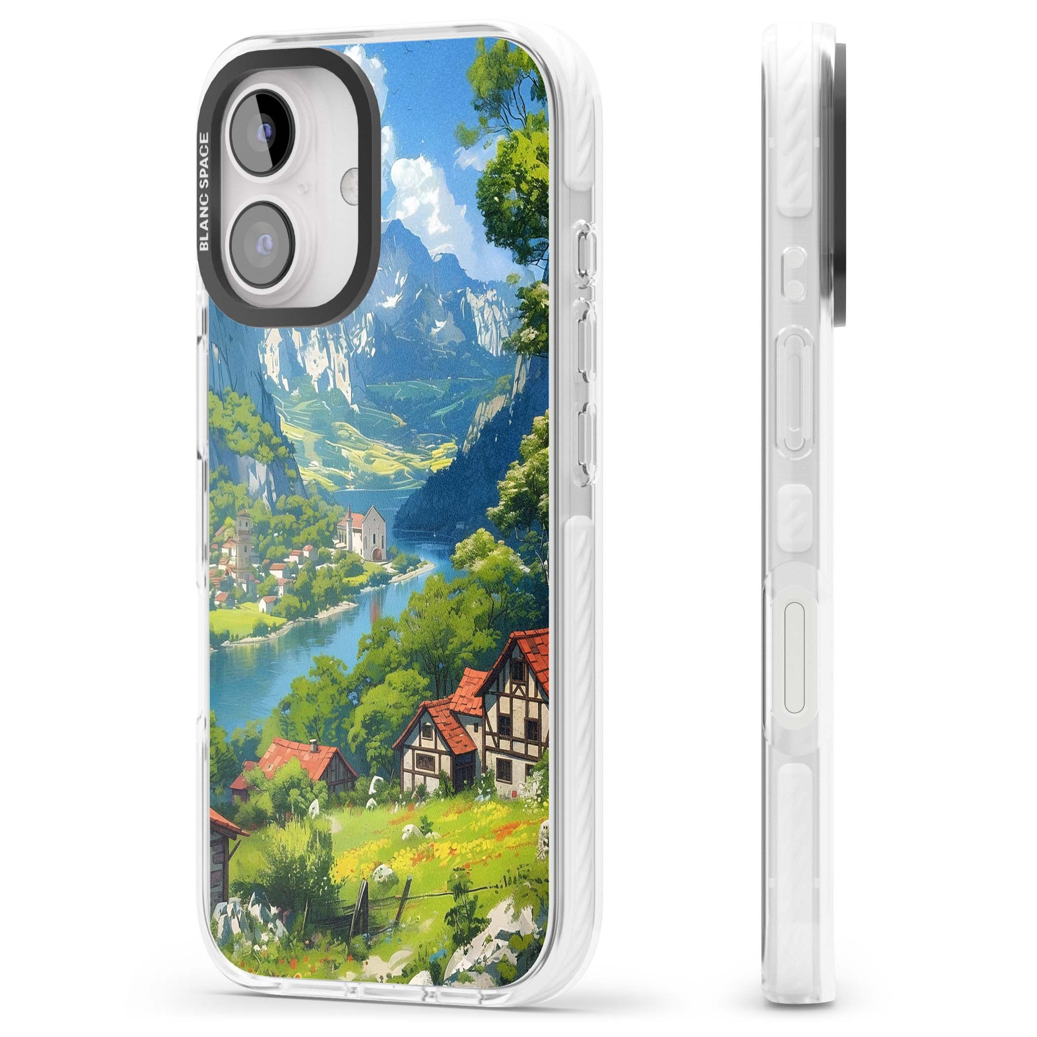 Village In The Valley anime iPhone case featuring a painted mountain village, river valley and half-timbered cottages. | Impact Magsafe case for iPhone 16, iPhone 16 Plus