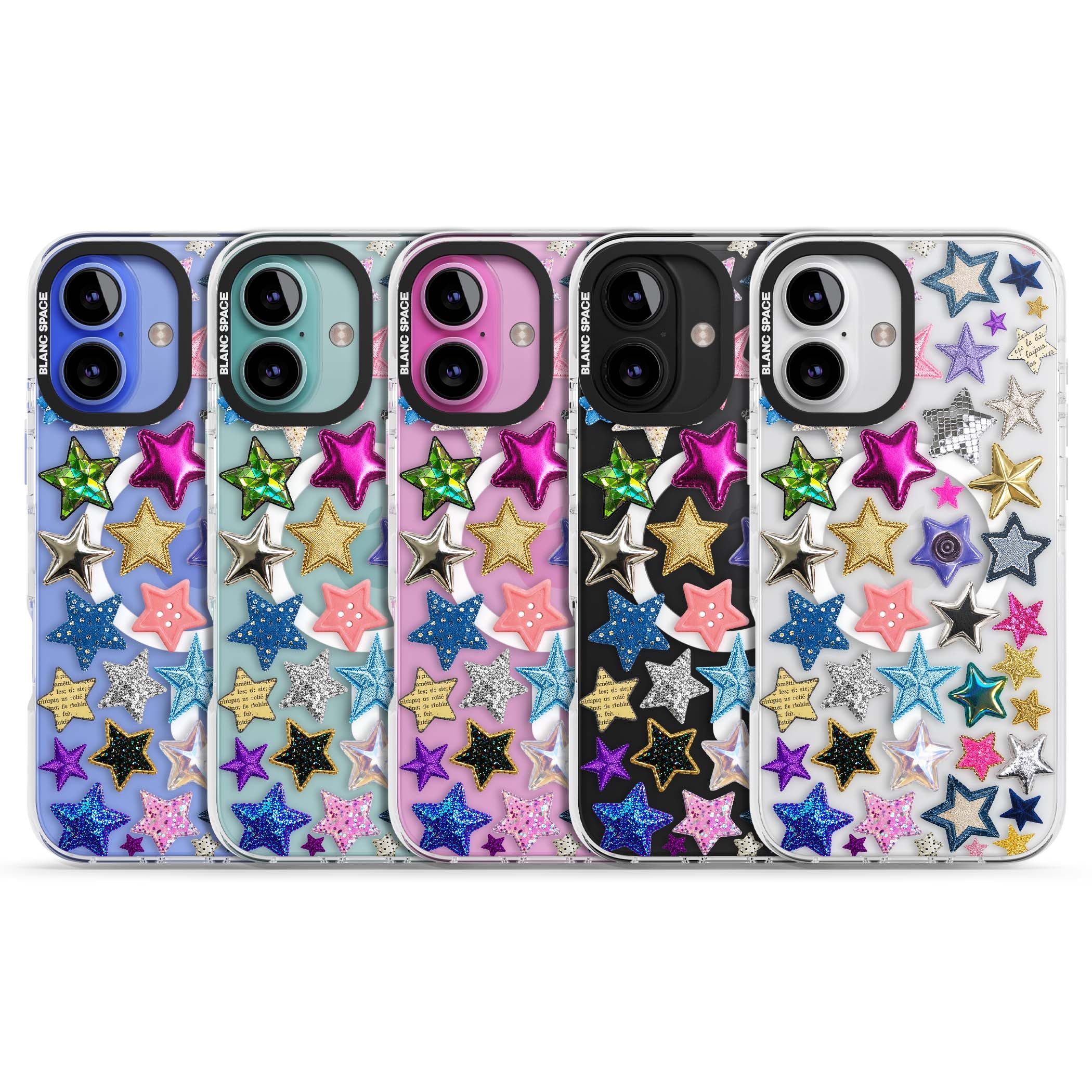 Crafty Star Mix Y2K iPhone case featuring embroidered, sequinned and glitter star patches in rainbow colours | Impact Magsafe case for iPhone 16, iPhone 16 Plus
