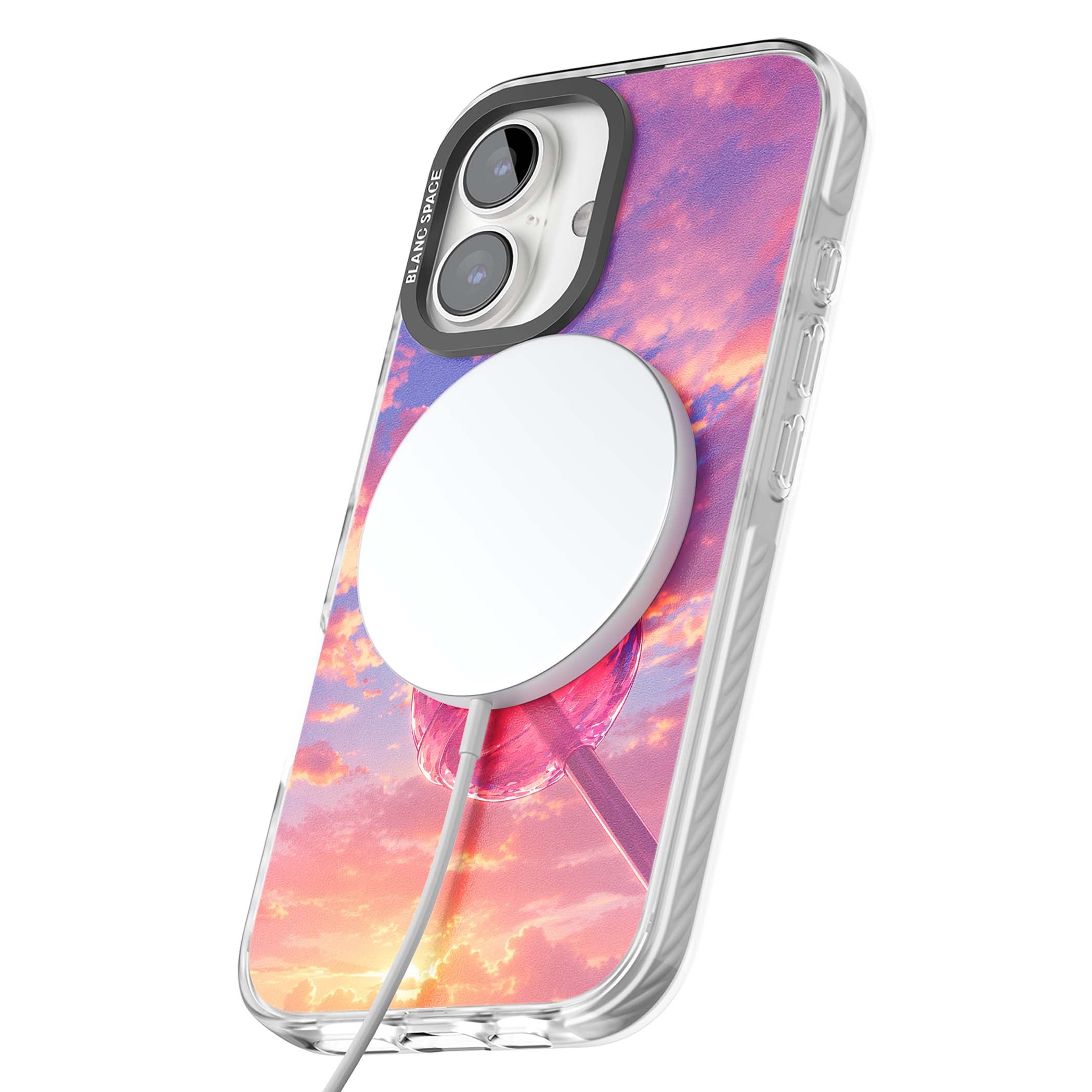 Sugar Sunset candy aesthetic iPhone case featuring a pink lollipop, pastel sunset sky and dreamy clouds | Impact Magsafe case for iPhone 16, iPhone 16 Plus