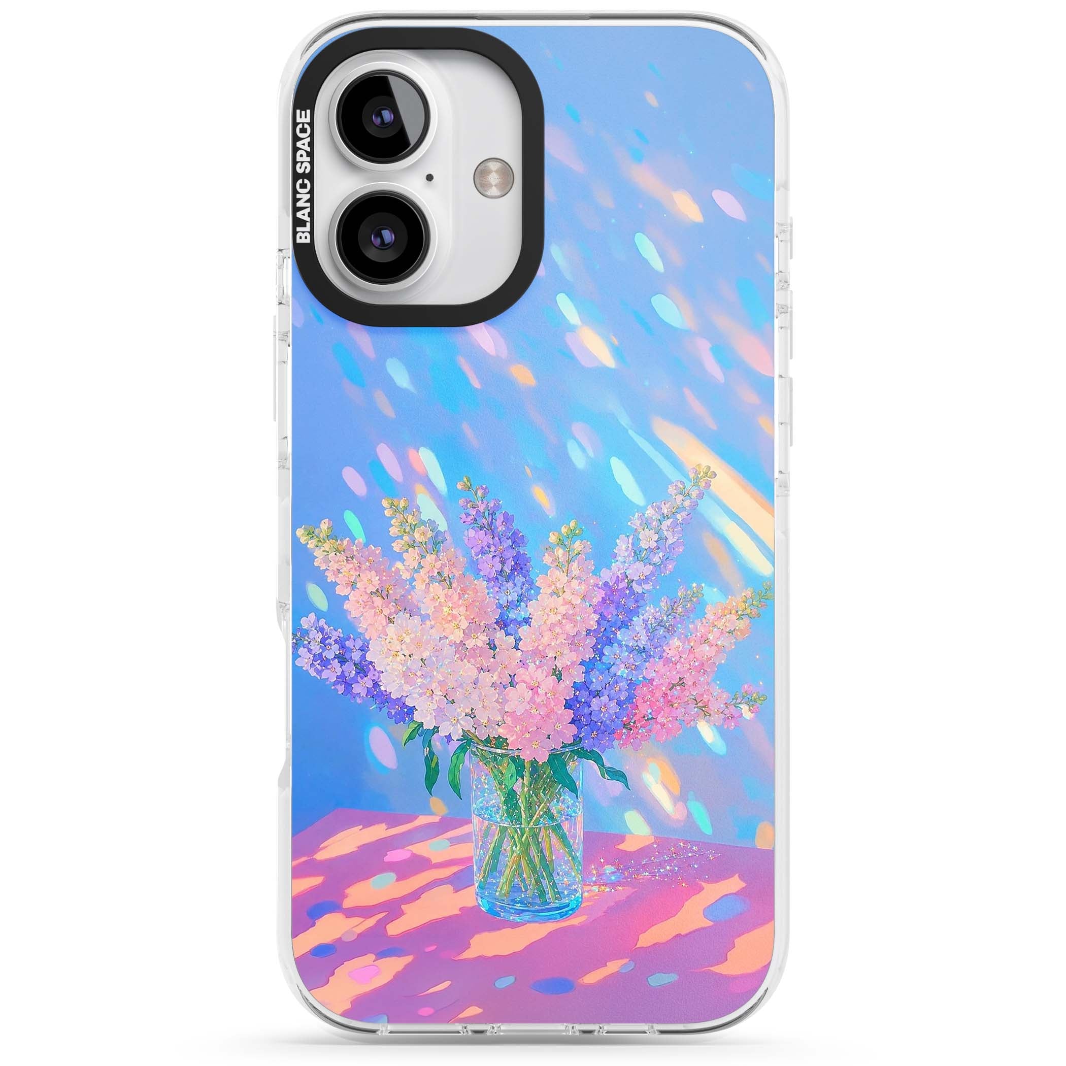 Bubblegum Flowers floral iPhone case featuring pastel lilac and pink bouquet in a glass vase with iridescent light | Impact Magsafe case for iPhone 16, iPhone 16 Plus