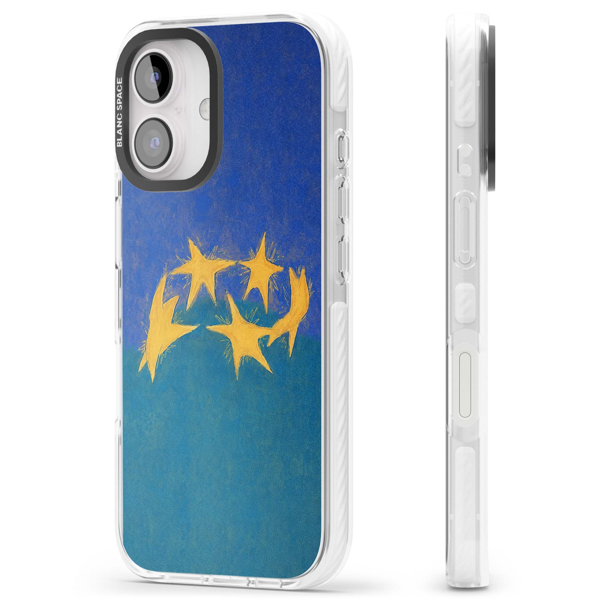 Star Boogie stars aesthetic iPhone case featuring five yellow hand-painted stars on cobalt blue and teal | Clear Impact case for iPhone 16, iPhone 16 Plus