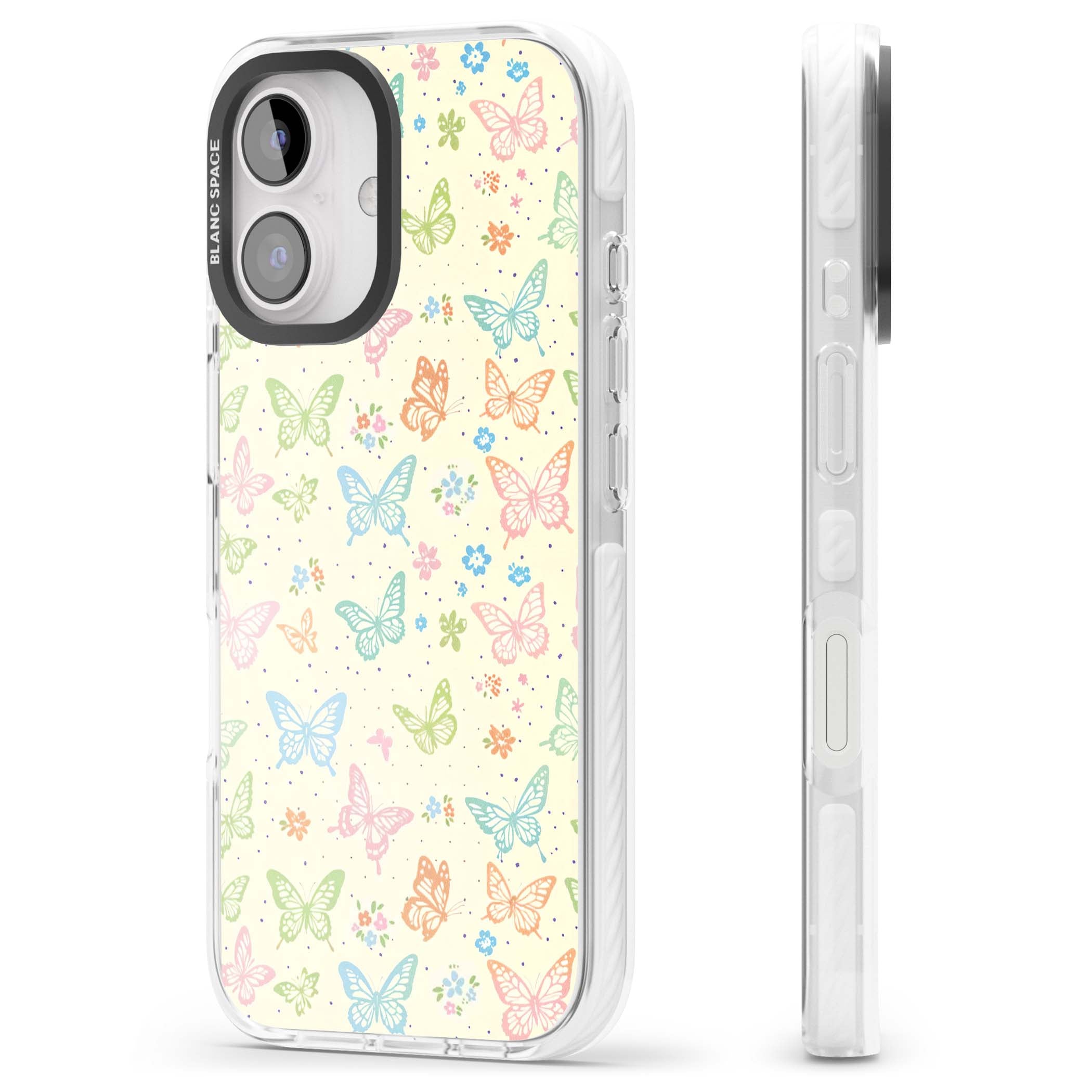 Sugar Wings cottagecore iPhone case featuring rainbow pastel butterflies, tiny wildflowers, and a cream background | Clear Impact case for iPhone 16, iPhone 16 Plus