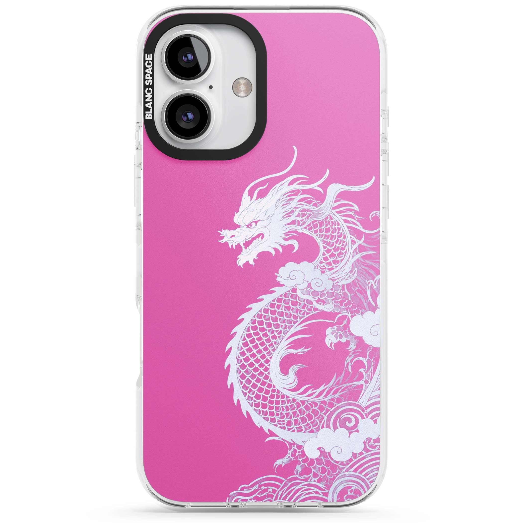 Pink Empress chinese dragon iPhone case featuring a white dragon, swirling clouds and pink dragon wallpaper backdrop | Clear Impact case for iPhone 16, iPhone 16 Plus
