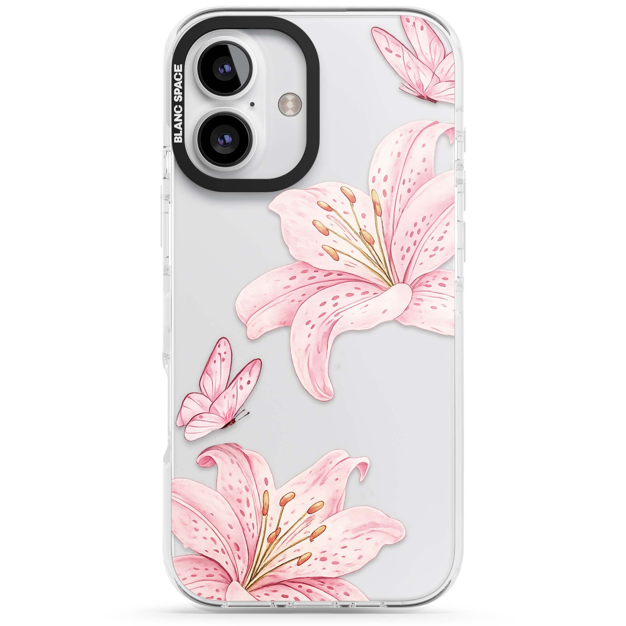 Lily Whisper floral iPhone case featuring pink watercolour lilies and delicate butterflies on a clear background | Clear Impact case for iPhone 16, iPhone 16 Plus